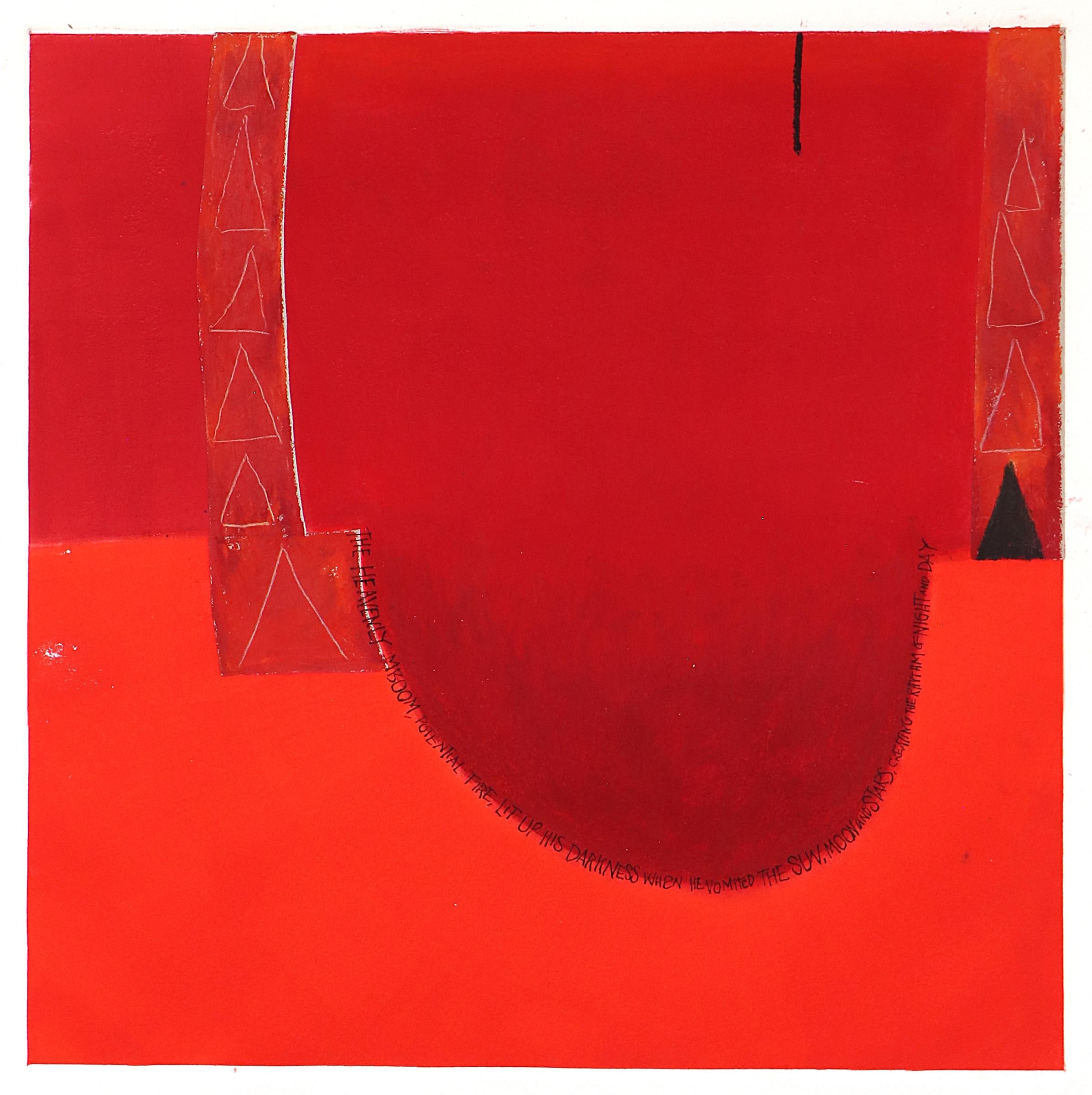 Wilma Fiori Abstract Monotype Print in Red, Mboom Creation Myth