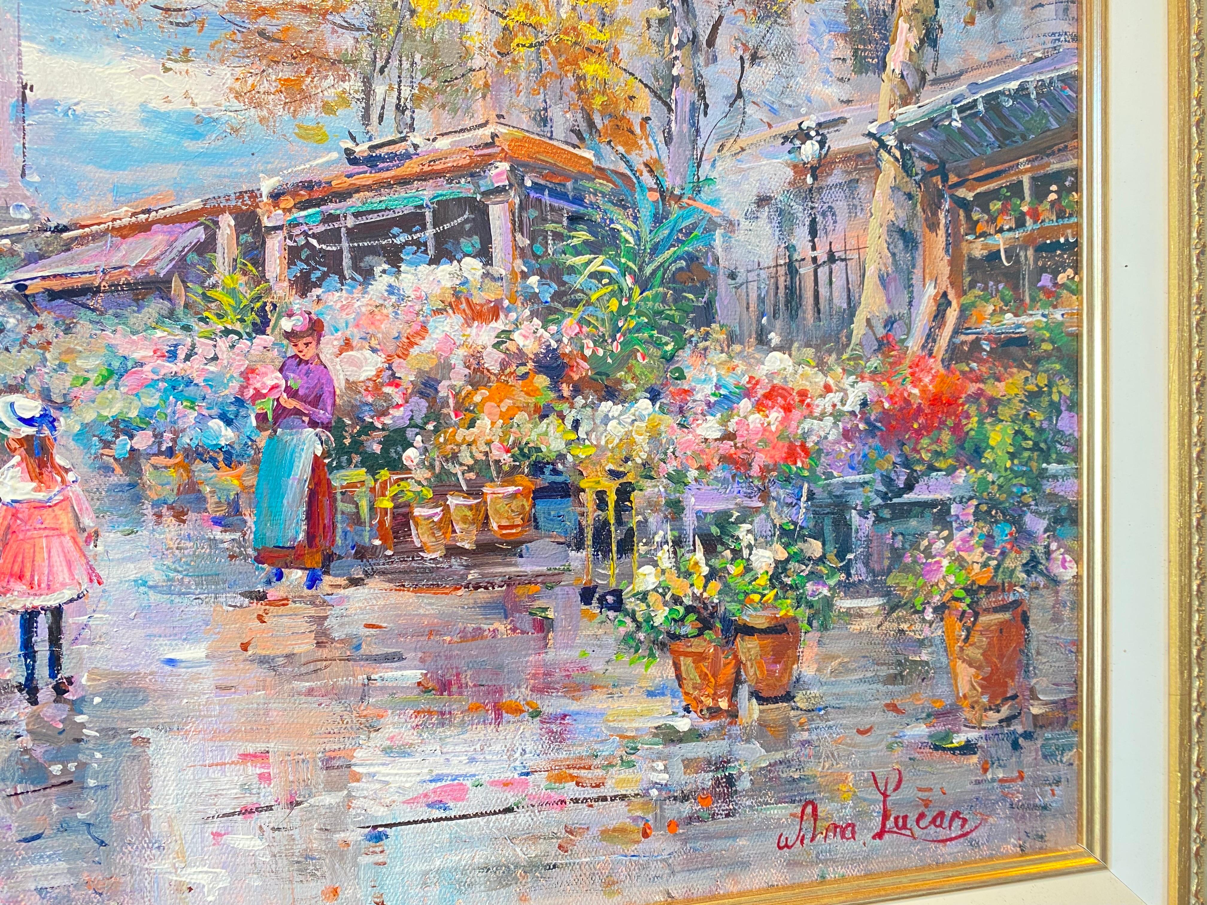 Magnificent French impressionist painting depicting the hustle and bustle of the flower market on the marché Madeleine in Paris, in the style of the late 19th century. Wilma Lucas had a fondness for Paris of the Belle Epoque and was very inspired by