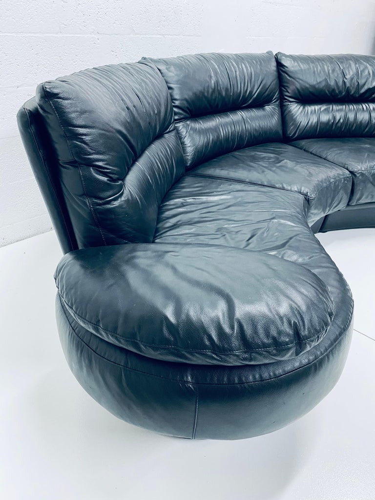 Wilma Salotti Postmodern Black Leather Rounded Back Sectional Sofa