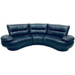 Wilma Salotti Postmodern Black Leather Rounded Back Sectional Sofa, Italy, 1980s