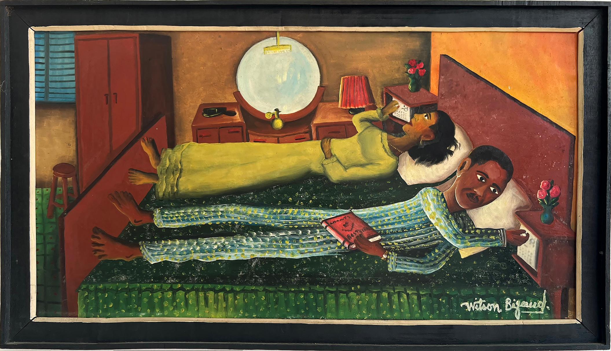 Haitianisches Paar im Bett, die ihre Radios gleichzeitig anpassen, Surrealismus – Painting von Wilson Bigaud