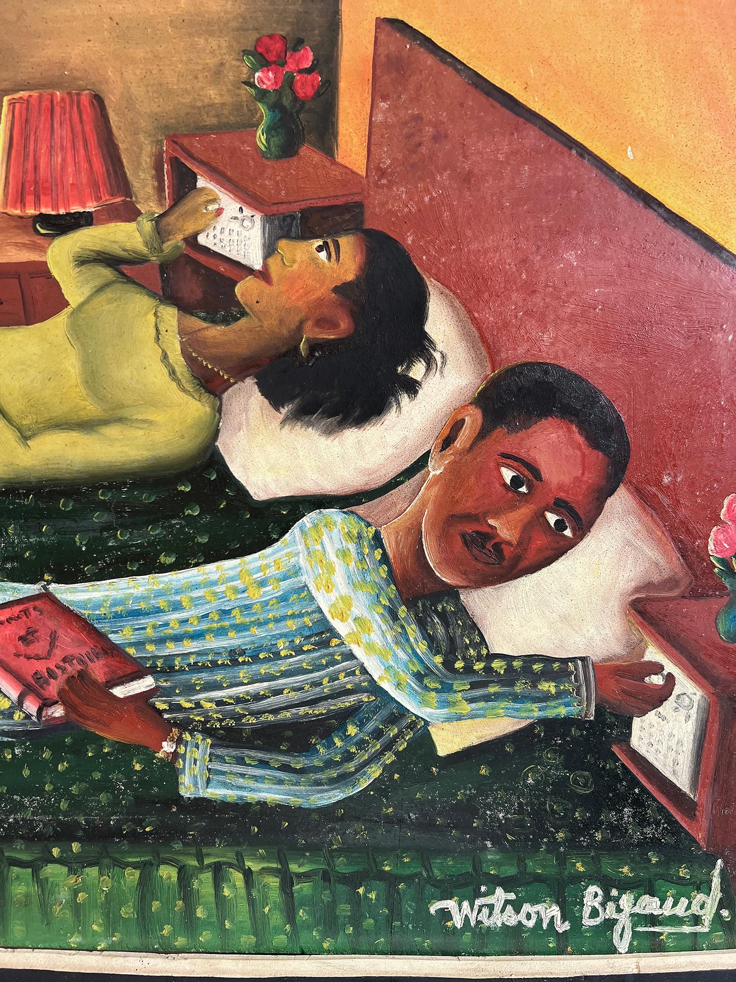 Haitianisches Paar im Bett, die ihre Radios gleichzeitig anpassen, Surrealismus im Angebot 1