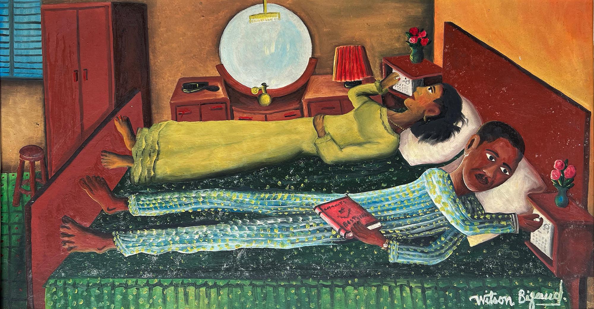 Wilson Bigaud Portrait Painting – Haitianisches Paar im Bett, die ihre Radios gleichzeitig anpassen, Surrealismus