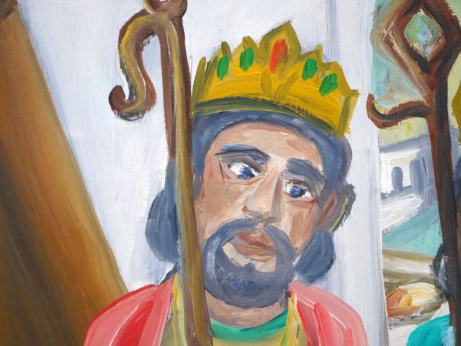 Peinture haïtienne moderne colorée abstraite figurative représentant une scène de nativité chrétienne en vente 4