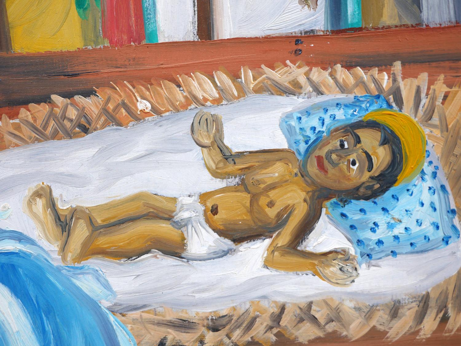 Peinture haïtienne moderne colorée abstraite figurative représentant une scène de nativité chrétienne en vente 5