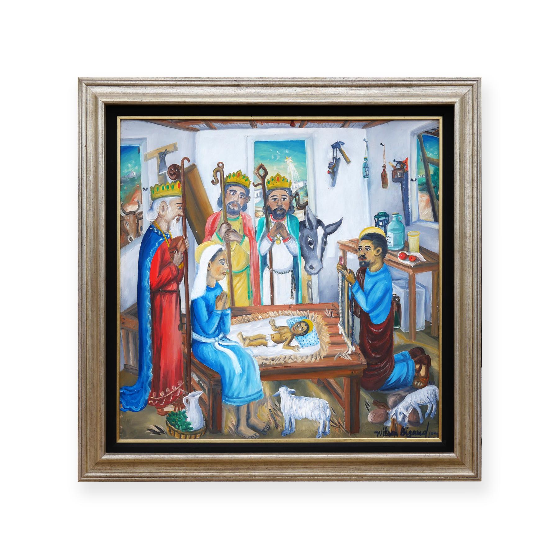Peinture haïtienne moderne colorée abstraite figurative représentant une scène de nativité chrétienne - Painting de Wilson Bigaud