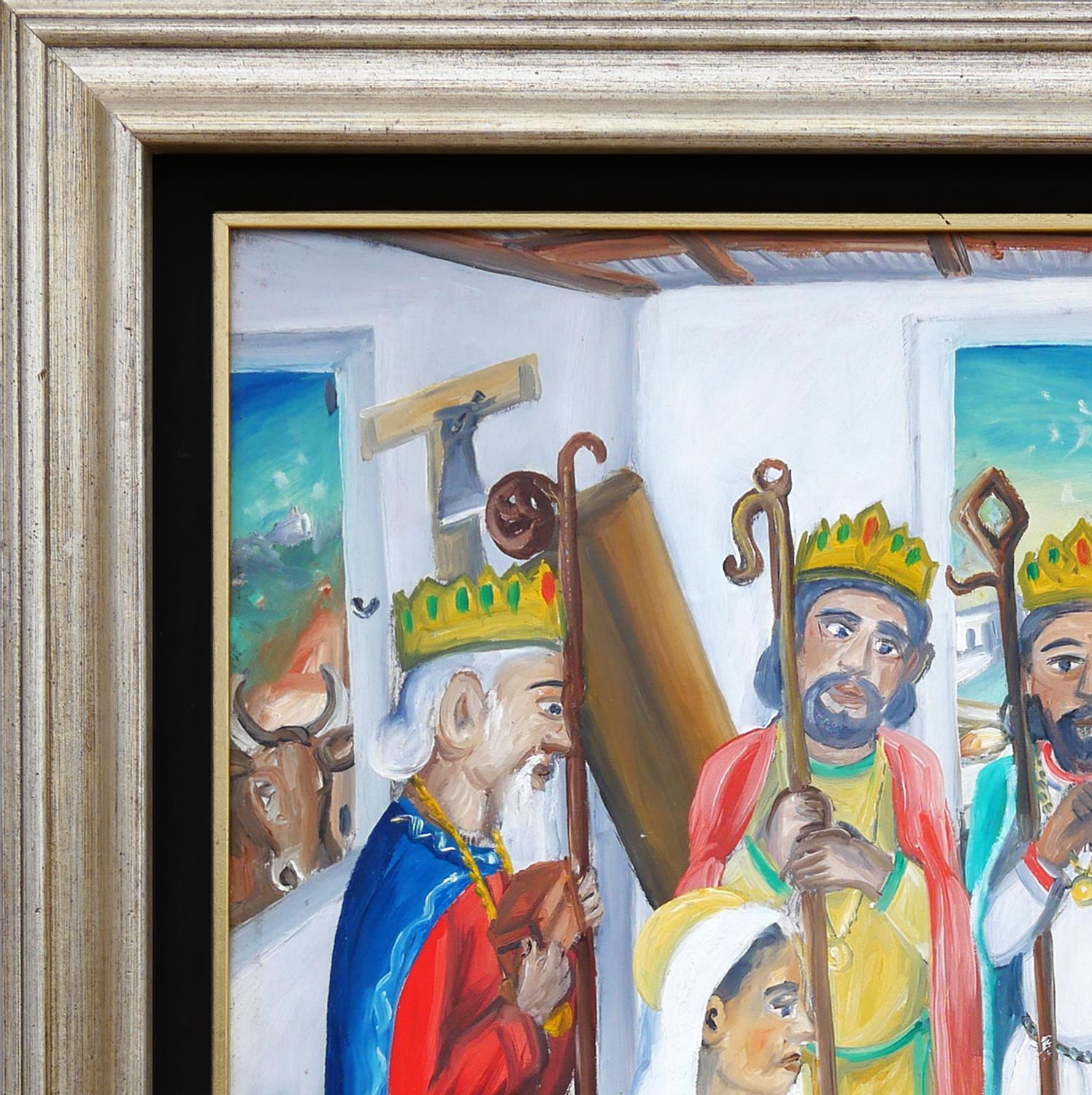 Quadro figurativo moderno e colorato del presepe cristiano. L'opera presenta una figura centrale di Gesù Bambino in una mangiatoia circondata da Maria, Giuseppe, i Re Magi e vari animali della fattoria. Dalla finestra posteriore si vede la stella di