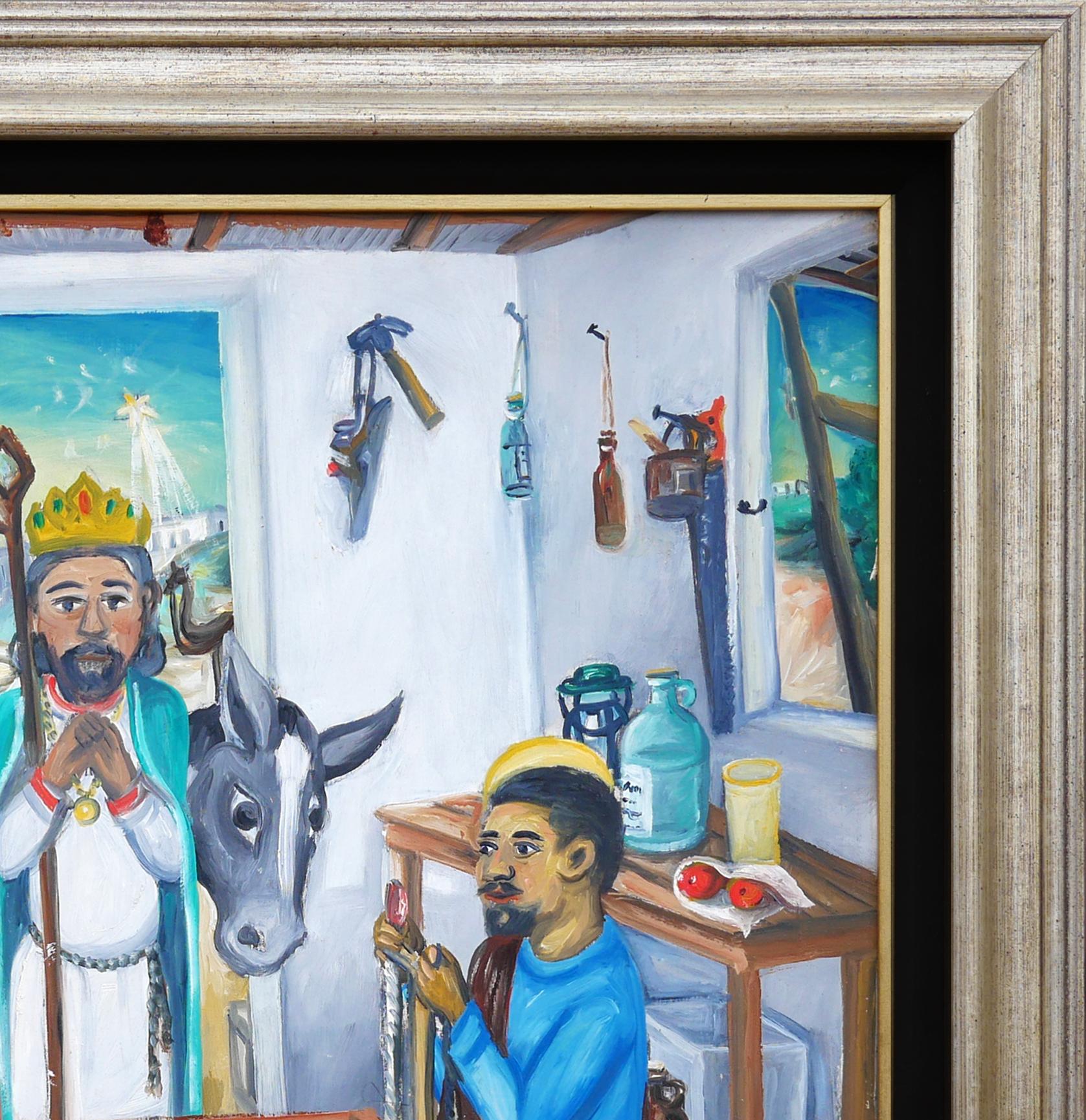 Modern colorful figurative painting of the Christian nativity scene. The work feature a central baby Jesus figure in a manger surrounded by Mary, Joseph, the Three Wise Men, and various farm animals. Through the back window the star of Bethlehem can