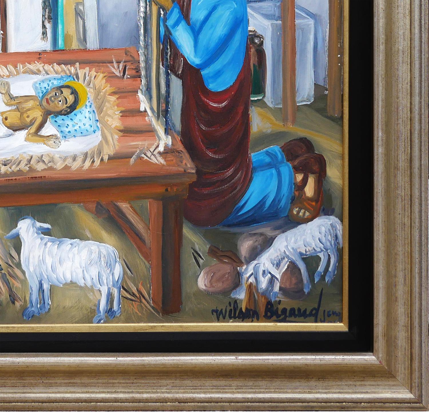 Peinture figurative moderne et colorée de la scène de la nativité chrétienne. L'œuvre présente une figure centrale de l'enfant Jésus dans une crèche, entouré de Marie, Joseph, les Rois mages et divers animaux de la ferme. Par la fenêtre arrière, on