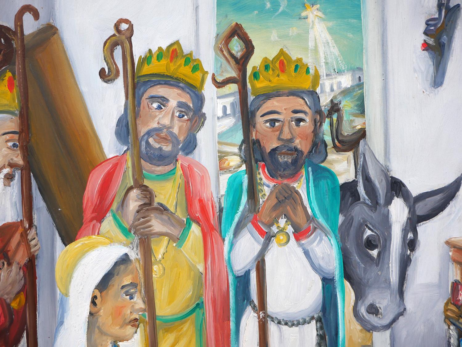 Peinture haïtienne moderne colorée abstraite figurative représentant une scène de nativité chrétienne en vente 1