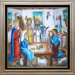 Peinture haïtienne moderne colorée abstraite figurative représentant une scène de nativité chrétienne