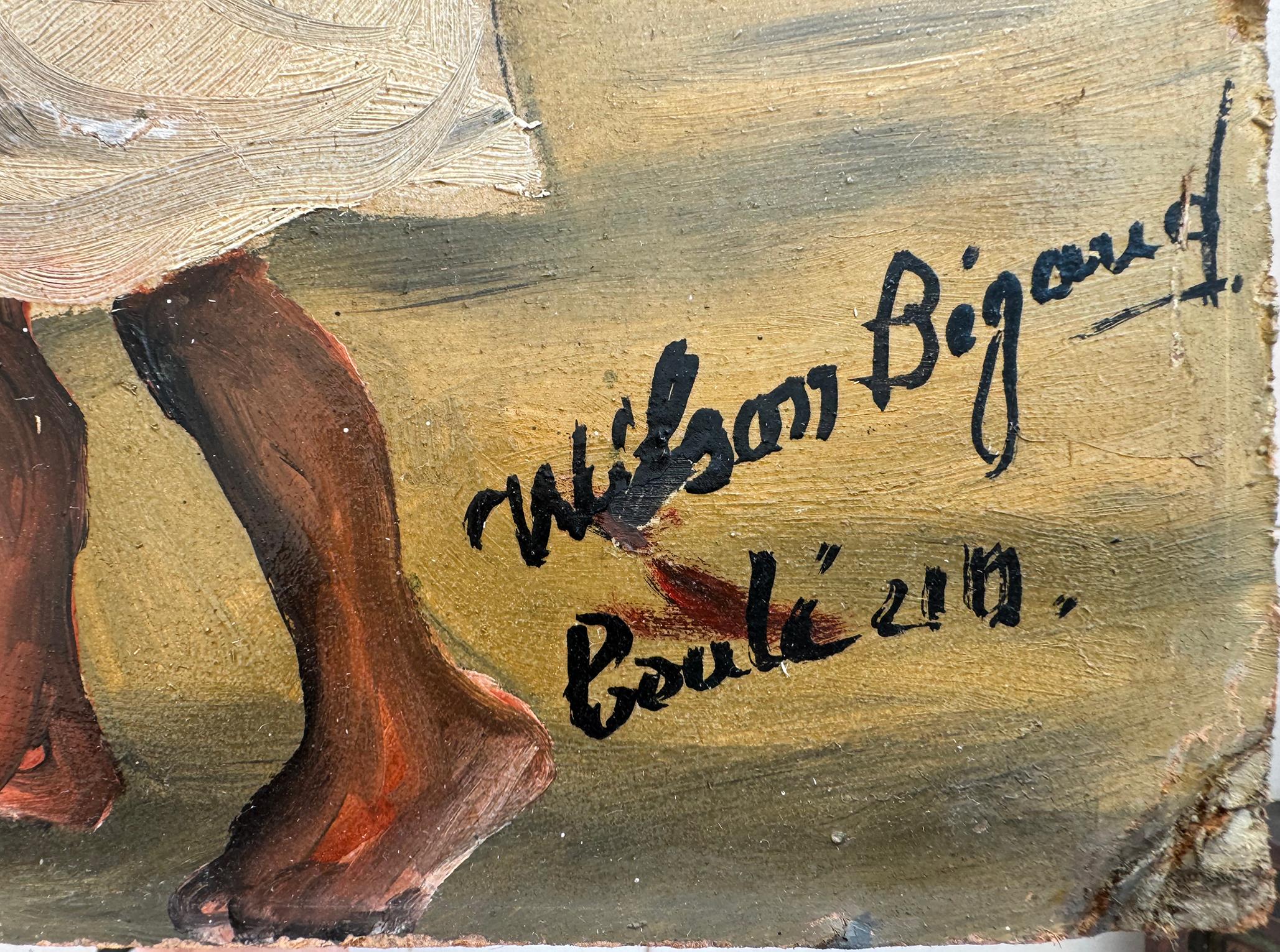 En esta obra, el maestro haitiano Wilson Bigaud se centra en momentos fugaces de una escena vudú.   Representa los sacrificios de dos pollos a los espíritus.  Es un regalo a lo divino, una forma de que los humanos alcancen la comunión con él o con
