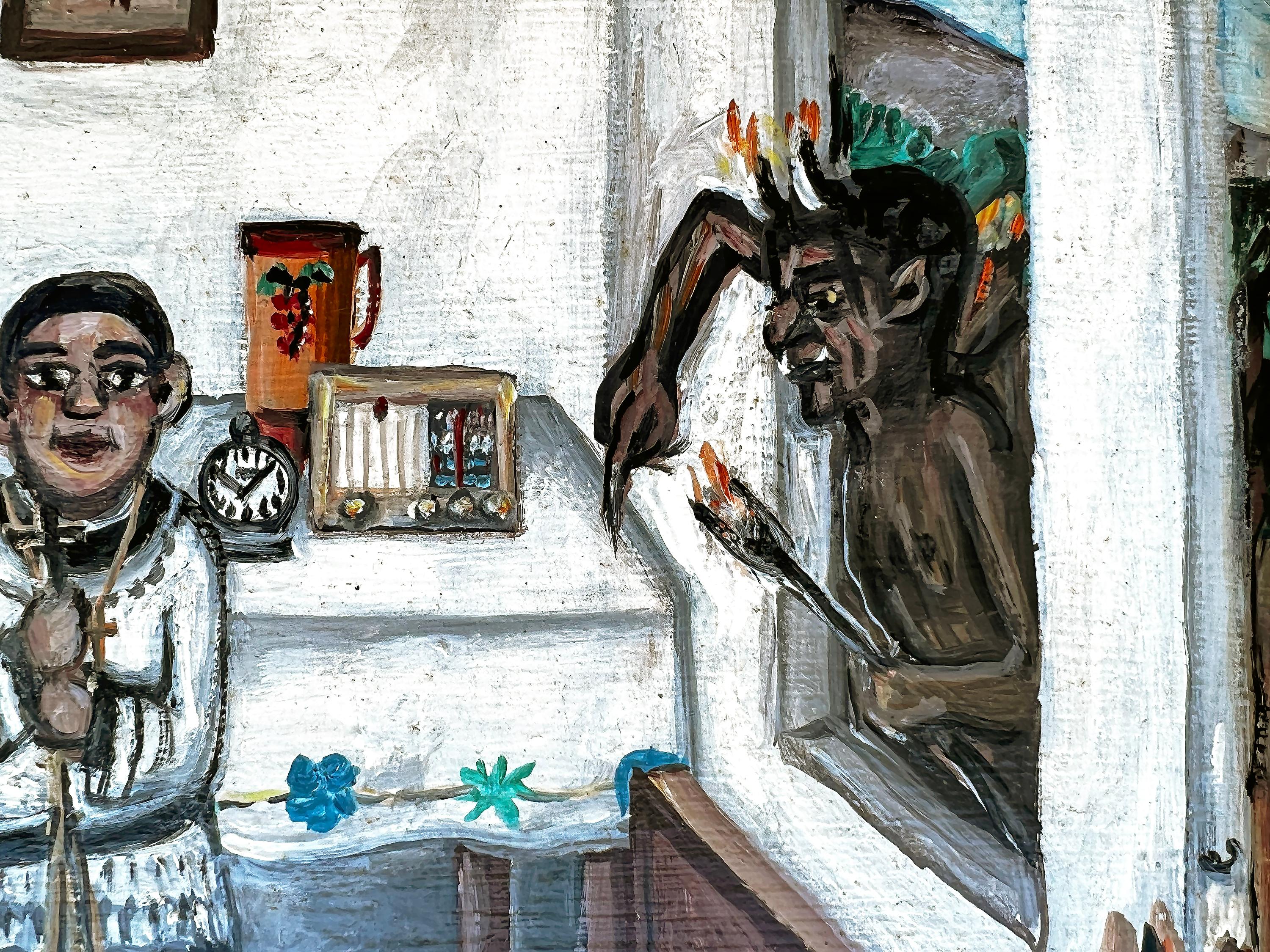 Devils depicted. Artist Wilson Bigaud paints a graphic narrative of mid-century life in Haiti without modern medicine. A man is dying yet there is no doctor present.  In the struggle between good and evil, a life lies in the balance.  It is unclear