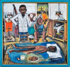 Cérémonie de guérison vaudou, huile sur masonite, signée, 24 x 25,5 pouces
