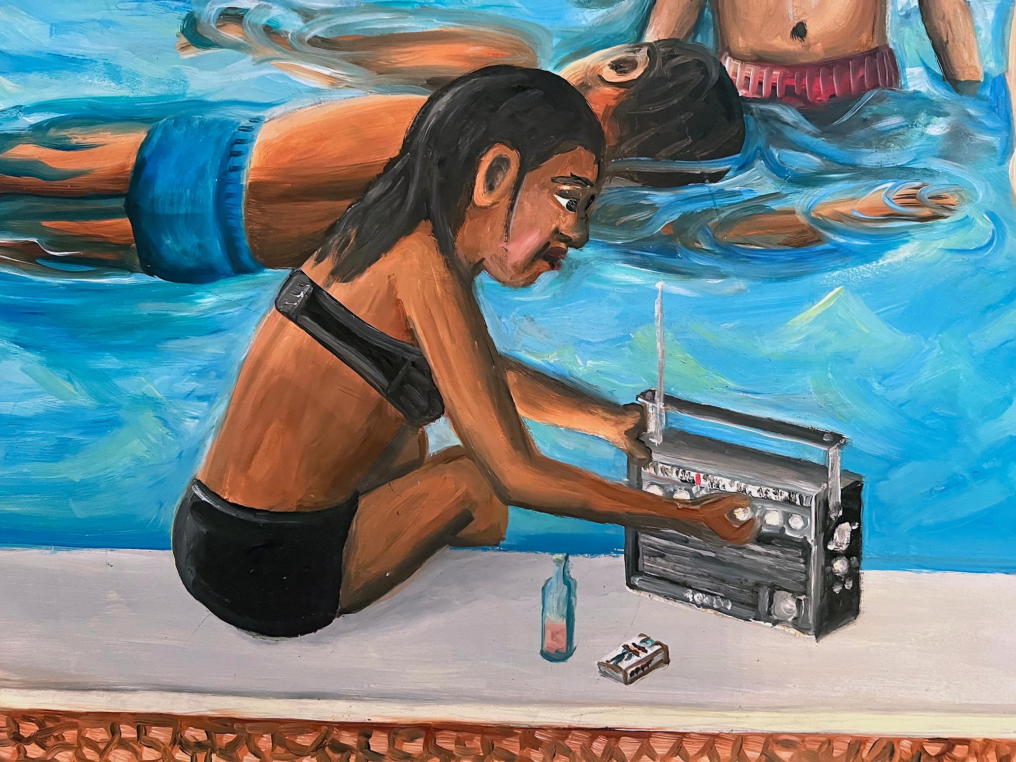 Was sehen sie an?  Sexy Naive Karibische Kunst, Swimming Pool  Party im Angebot 8