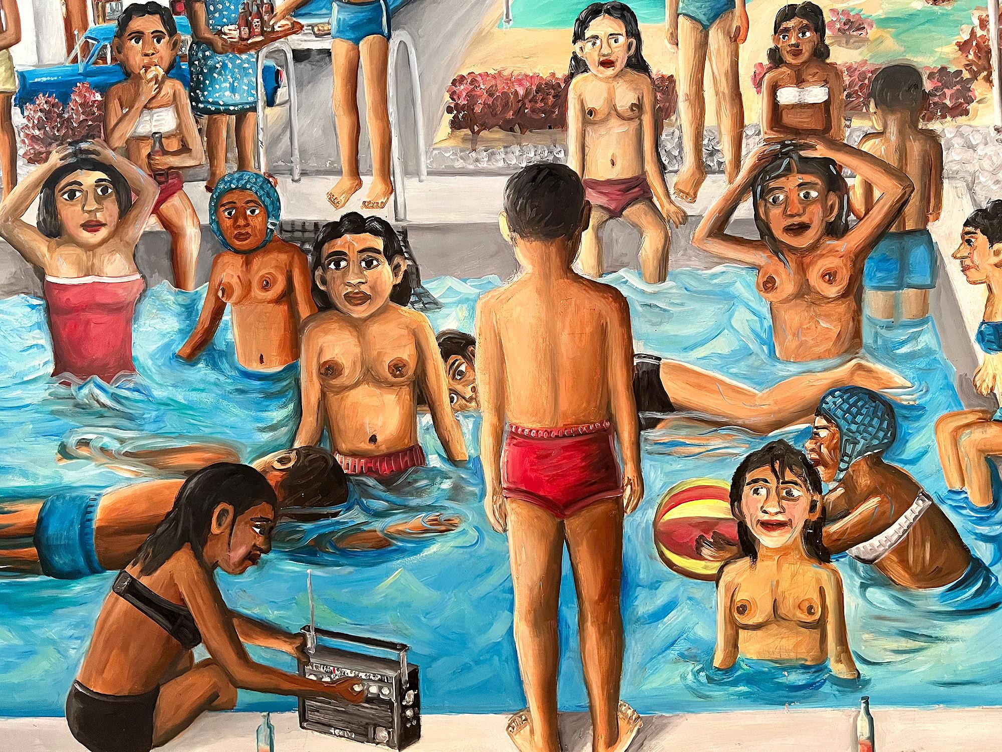 Was sehen sie an?  Sexy Naive Karibische Kunst, Swimming Pool  Party (Art brut), Painting, von Wilson Bigaud