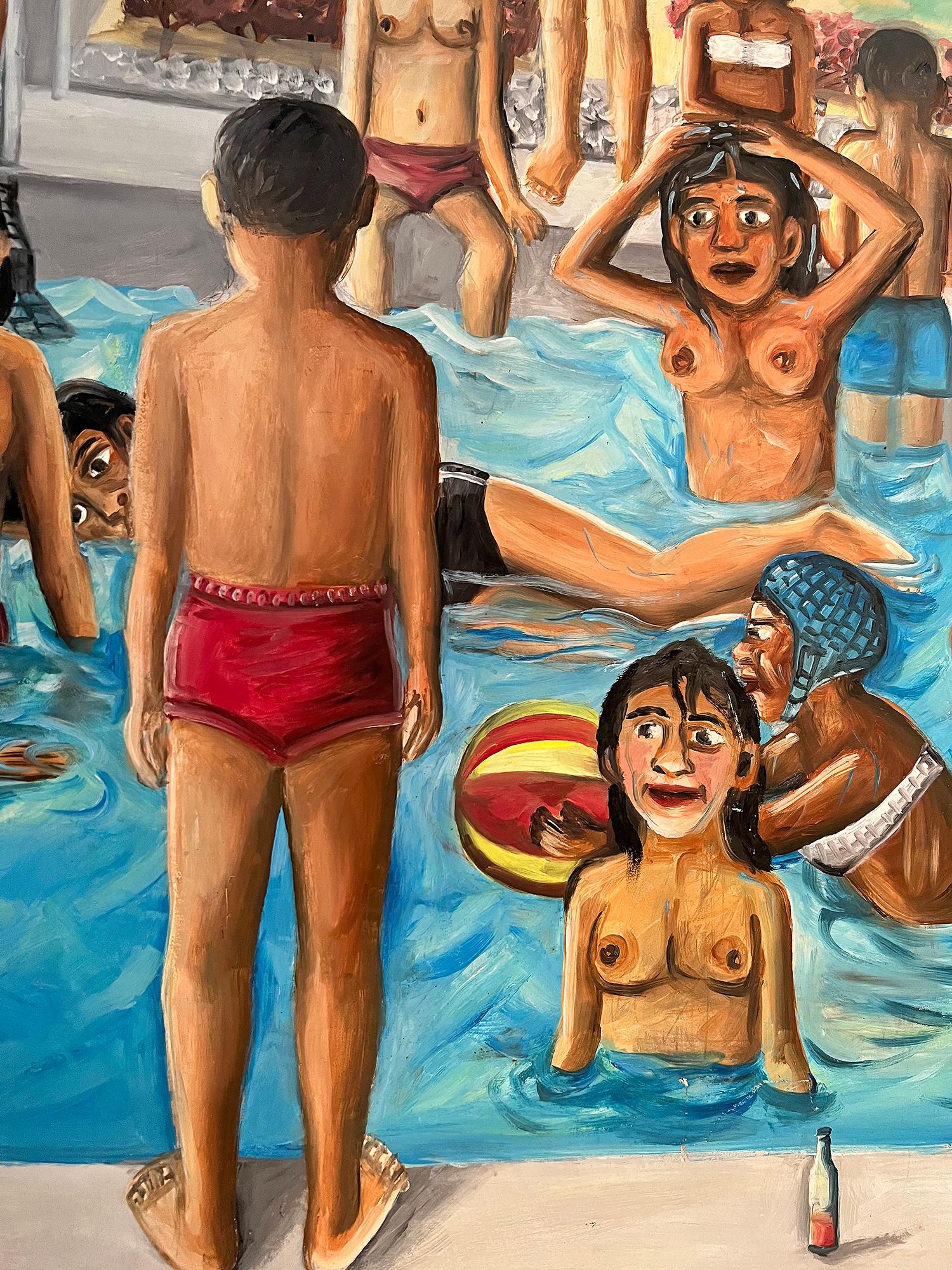 Ein junger Mann erregt in einem überfüllten haitianischen Schwimmbad der Oberschicht Aufmerksamkeit. Wir sehen ihn nur von hinten in einer Magritte-ähnlichen Pose. Die verblüfften Blicke einiger der nackten, barbusigen Badeschönheiten und eines