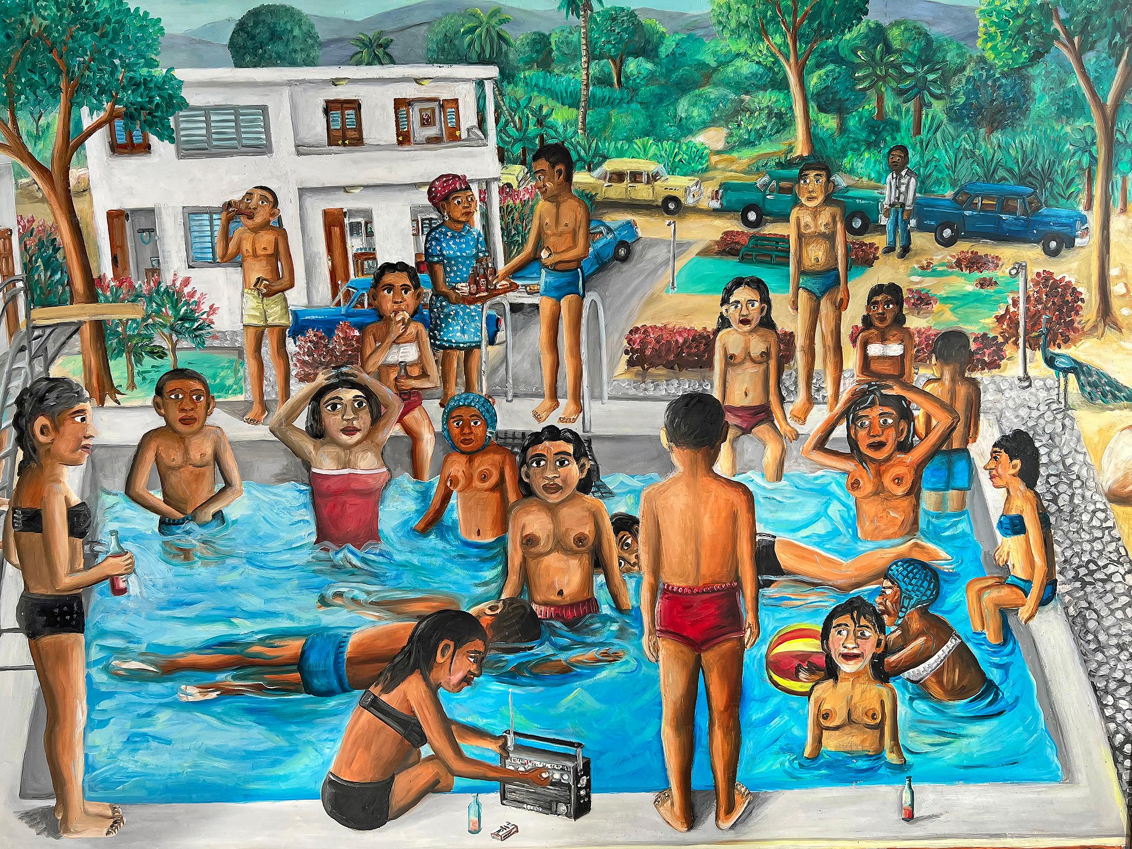 Wilson Bigaud Nude Painting - What Are They Looking At ?  Sexy Nude Naive Caribbean Art , Swimming Pool  Party