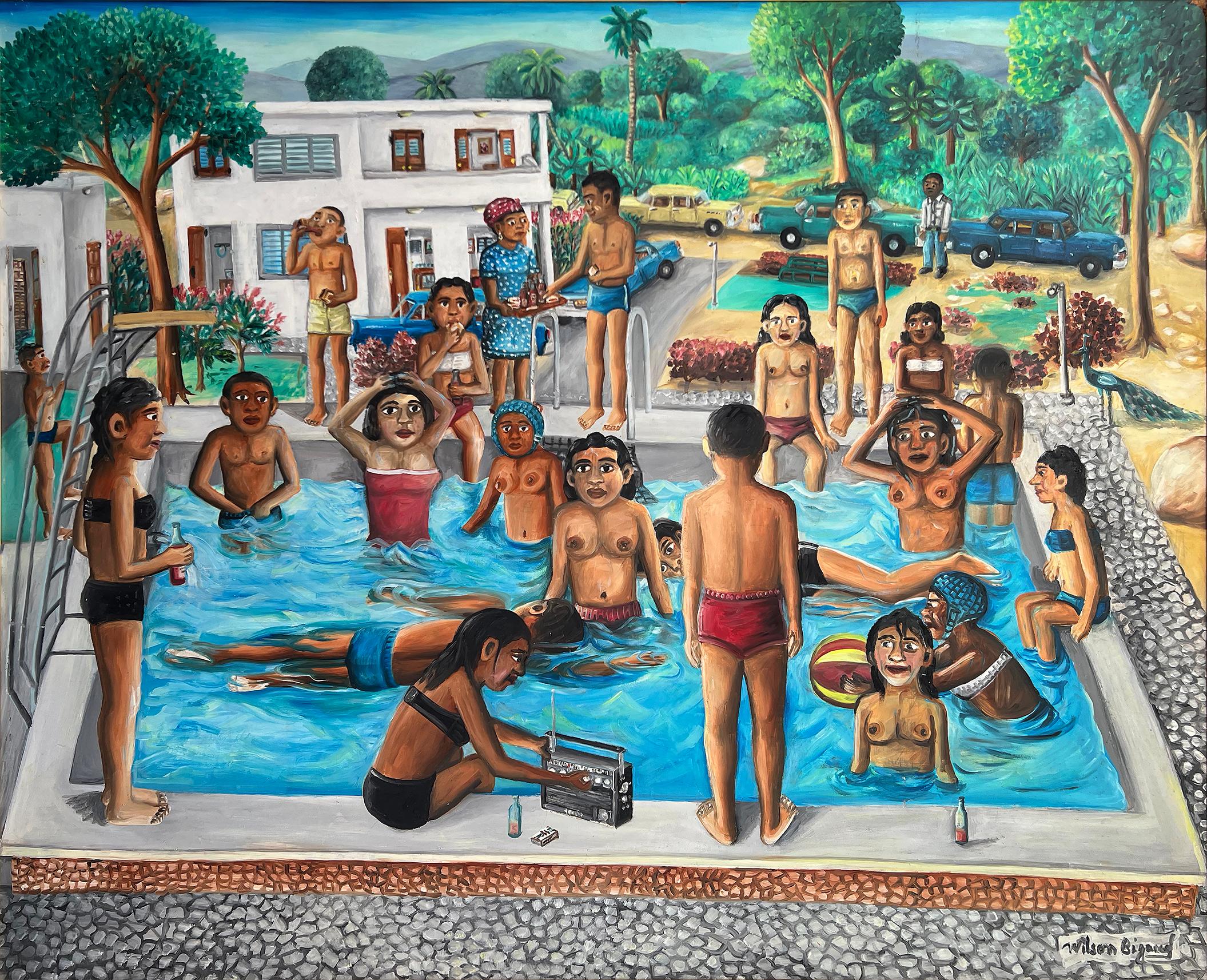 Was sehen sie an?  Sexy Naive Karibische Kunst, Swimming Pool  Party – Painting von Wilson Bigaud