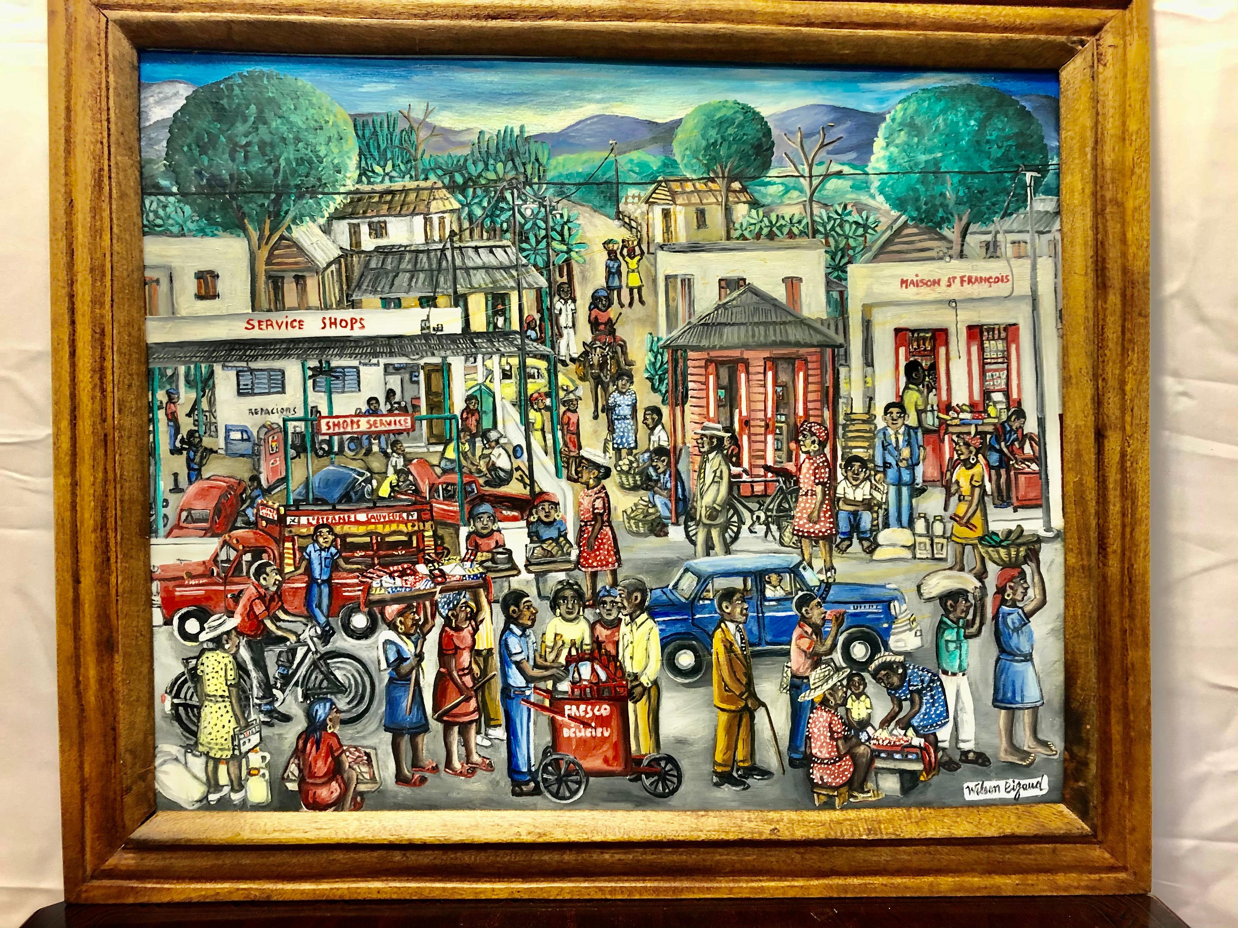 Wilson Bigaud: 1931-2010. Well listed Haitian artist with auction results over $11,000. He is best known for his depiction of daily life in Haiti. This is the finest example of his work we have found. It is so busy with so many people, just what you