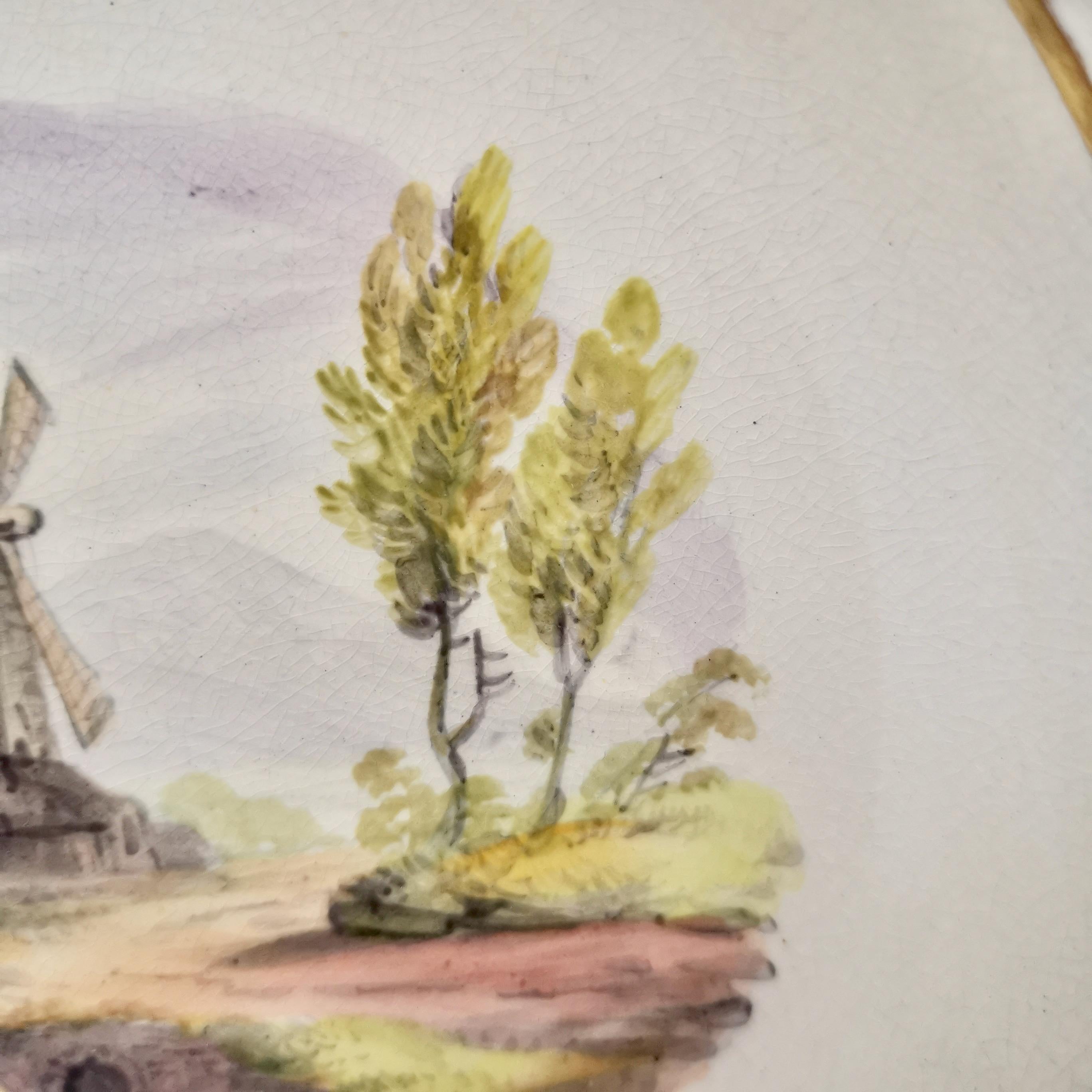 Hand-Painted Wilson Creamware Plate, Blind Moulded with Windmill Landscape, ca 1800