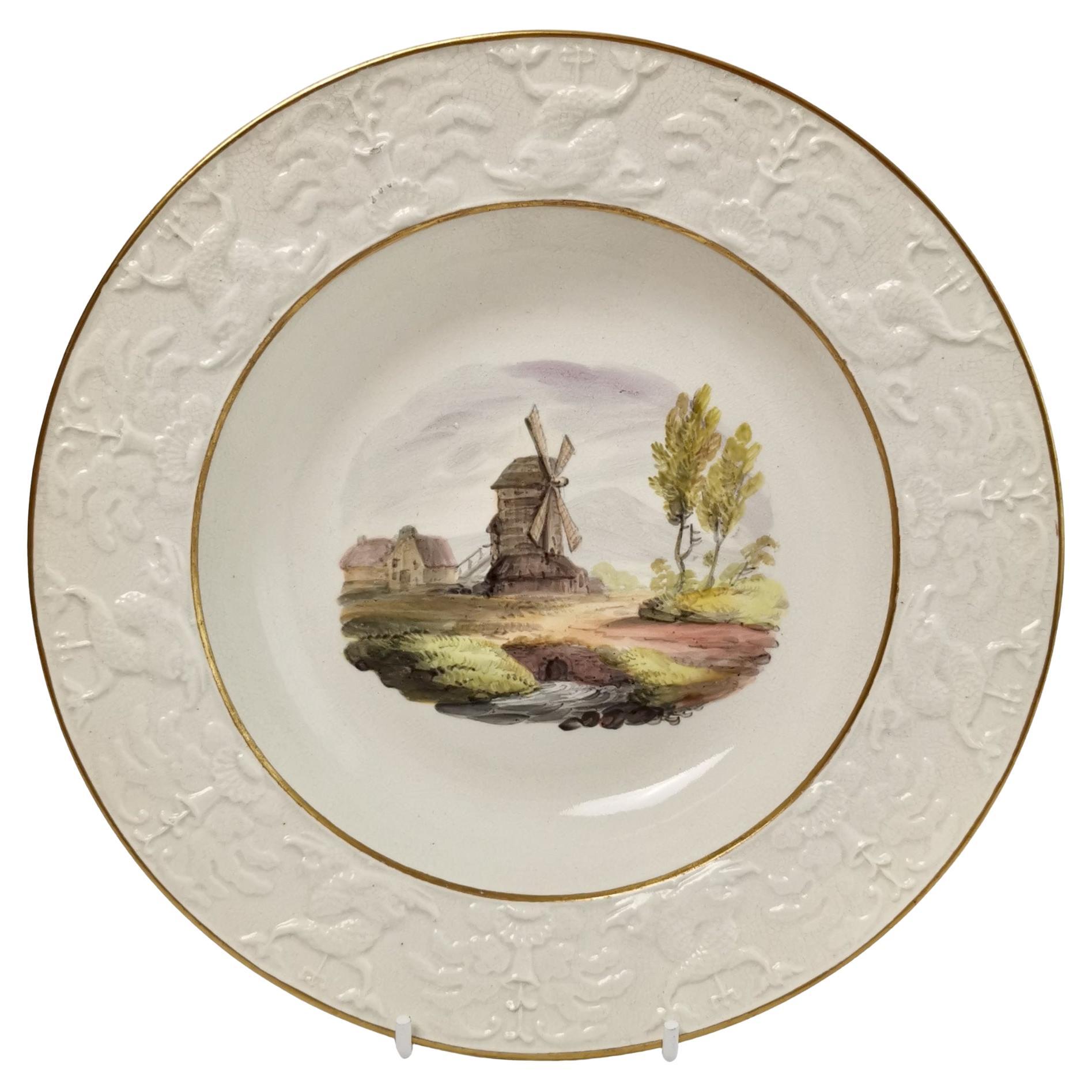 Wilson Creamware Plate, Blind Moulded with Windmill Landscape, ca 1800