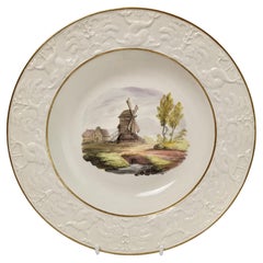 Antique Wilson Creamware Plate, Blind Moulded with Windmill Landscape, ca 1800