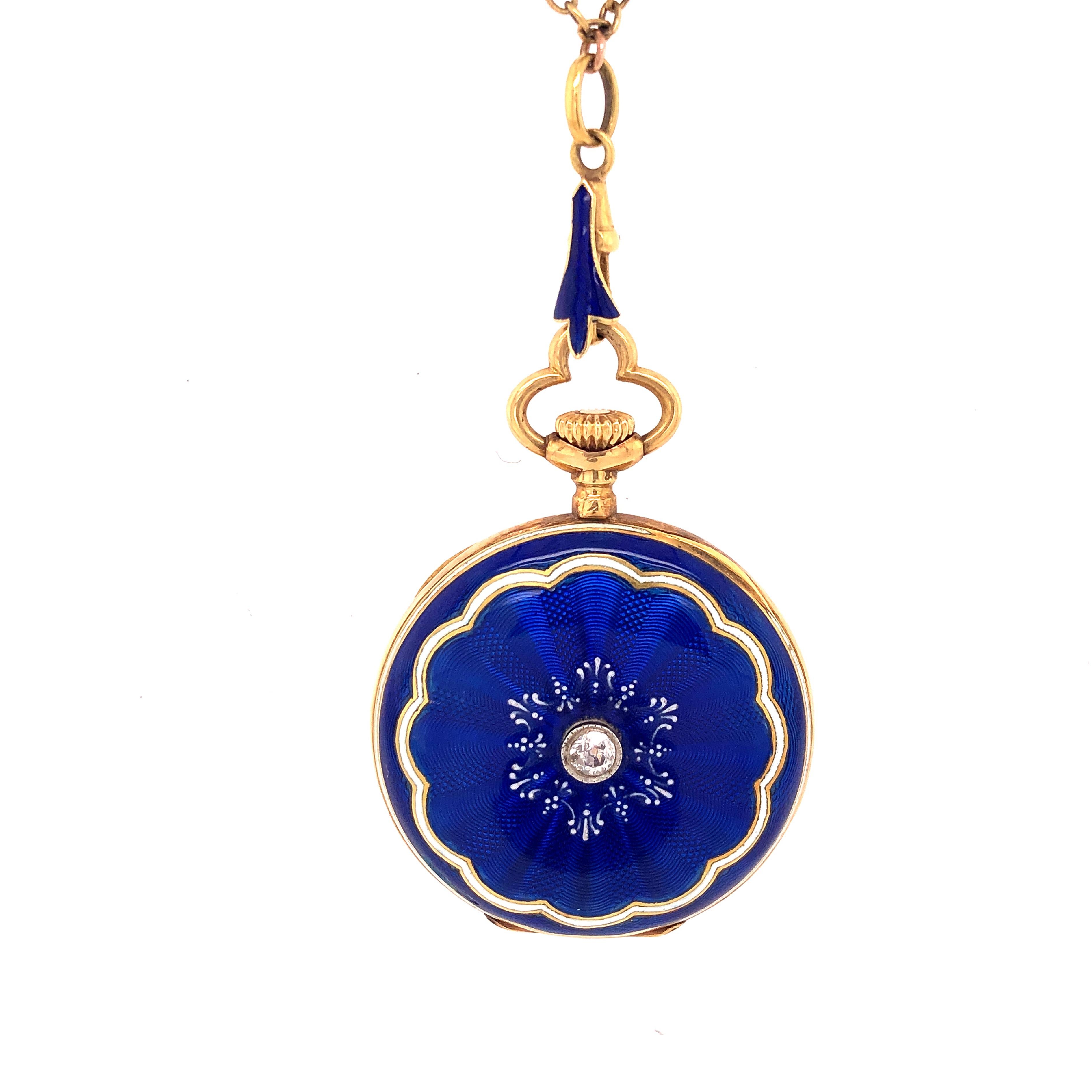 Wilson & Gill Vulcain viktorianische blau-weiße hand emaillierte Uhren-Halskette mit Diamanten im Angebot 6