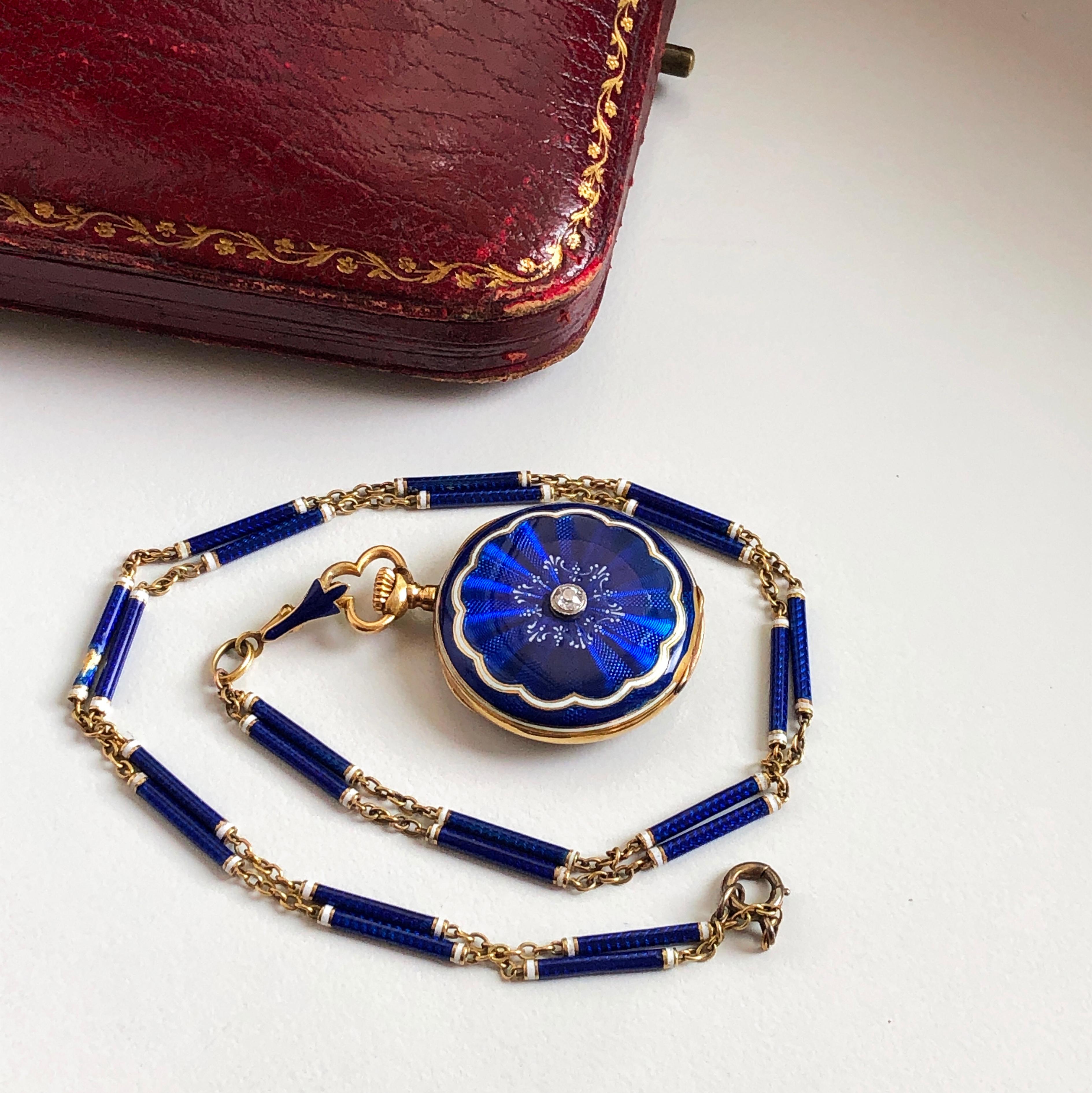 Wilson & Gill Vulcain Victorian Diamond Blue White Hand Enameled Watch Necklace For Sale 4