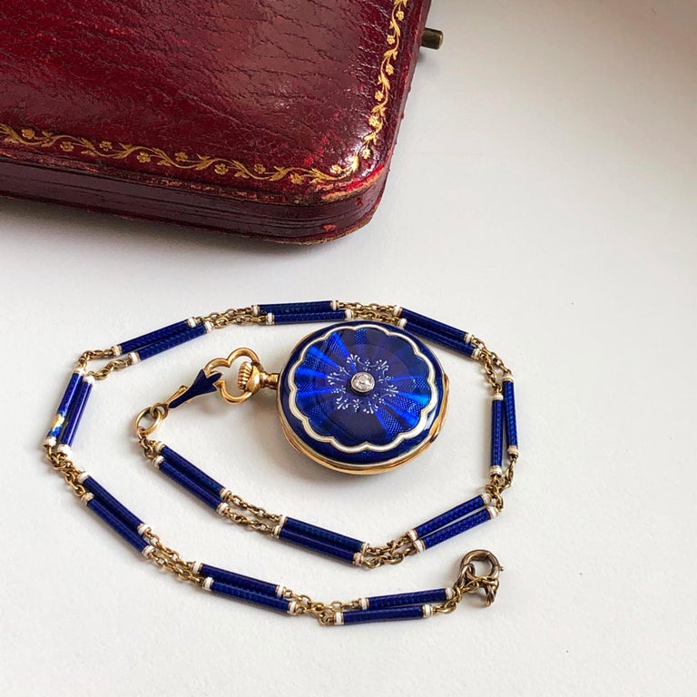 Wilson & Gill Vulcain Victorian Diamond Blue White Hand Enameled Watch Necklace For Sale 7