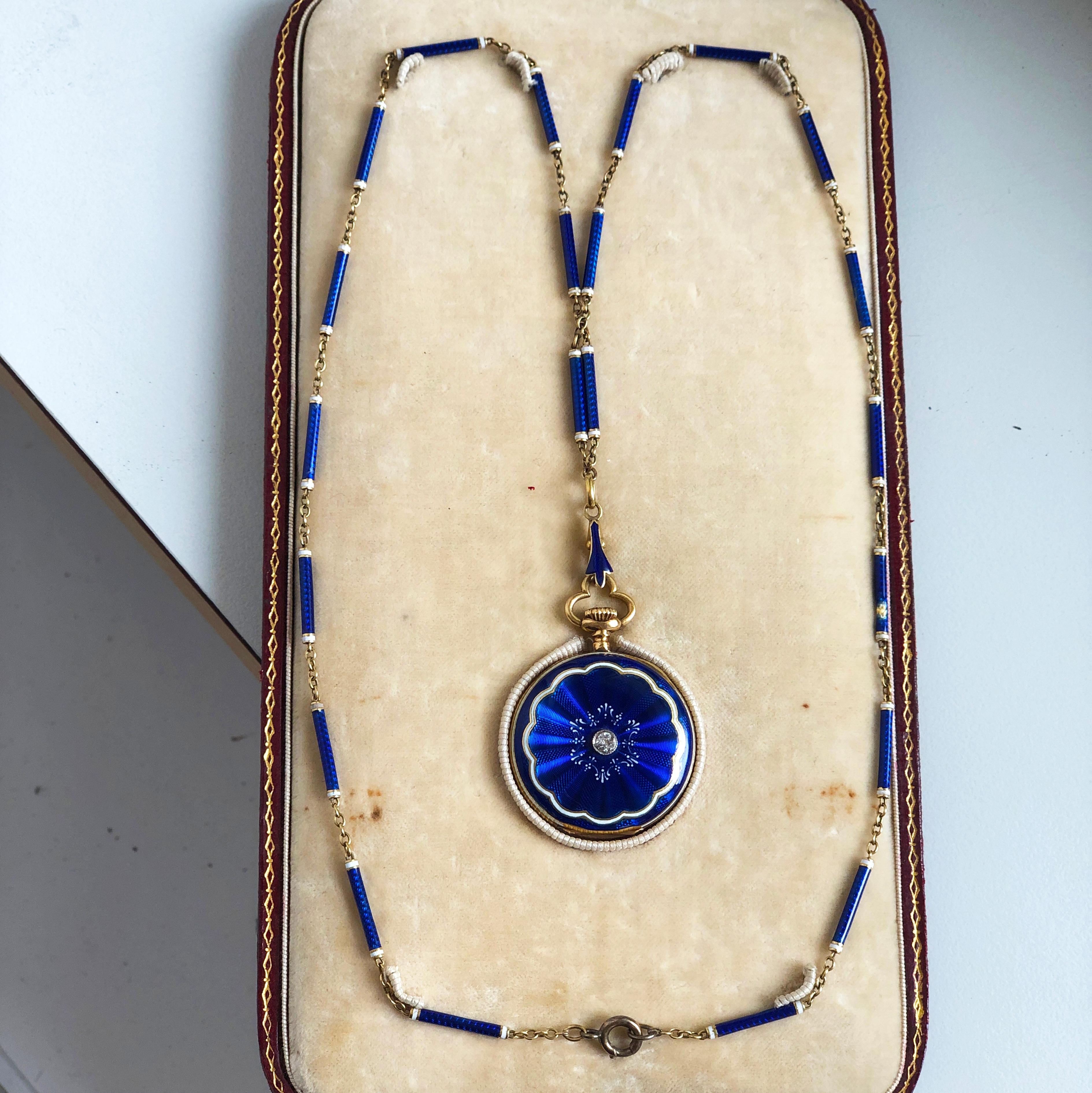 Wilson & Gill Vulcain Victorian Diamond Blue White Hand Enameled Watch Necklace For Sale 8
