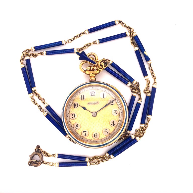 One-of-a-kind Round White Diamond Royal Blue with White Details Hand Enameled Victorian Watch and Necklace. Wilson & Gill is a famous jewelry Company founded in 1892 and located in Regent Street, London: the two founders were Goldsmiths and