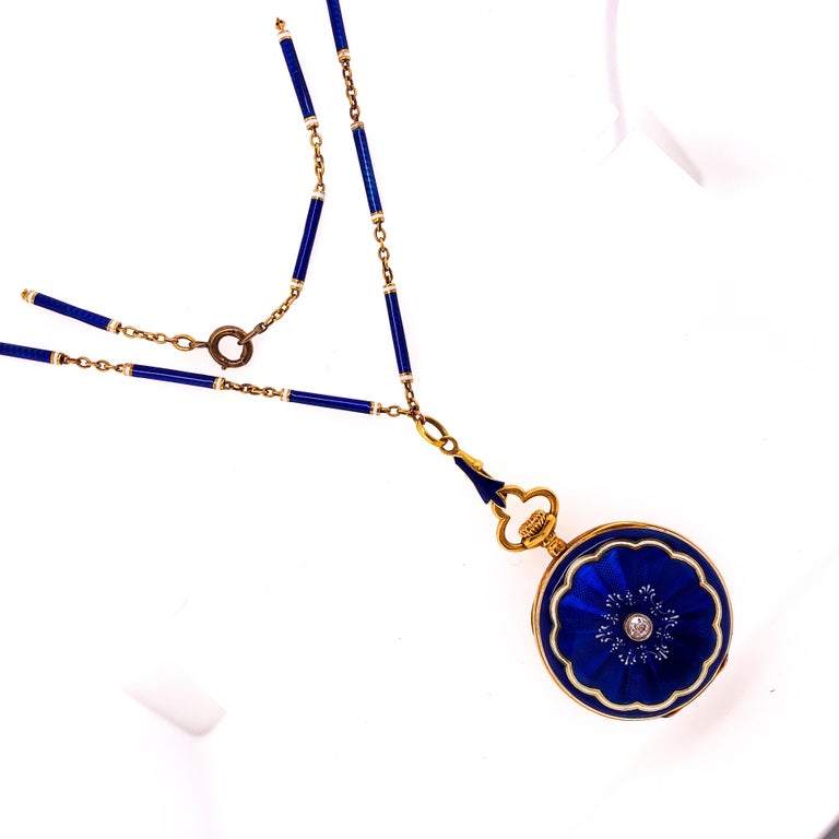 Wilson & Gill Vulcain Victorian Diamond Blue White Hand Enameled Watch Necklace In Excellent Condition For Sale In Valenza, IT