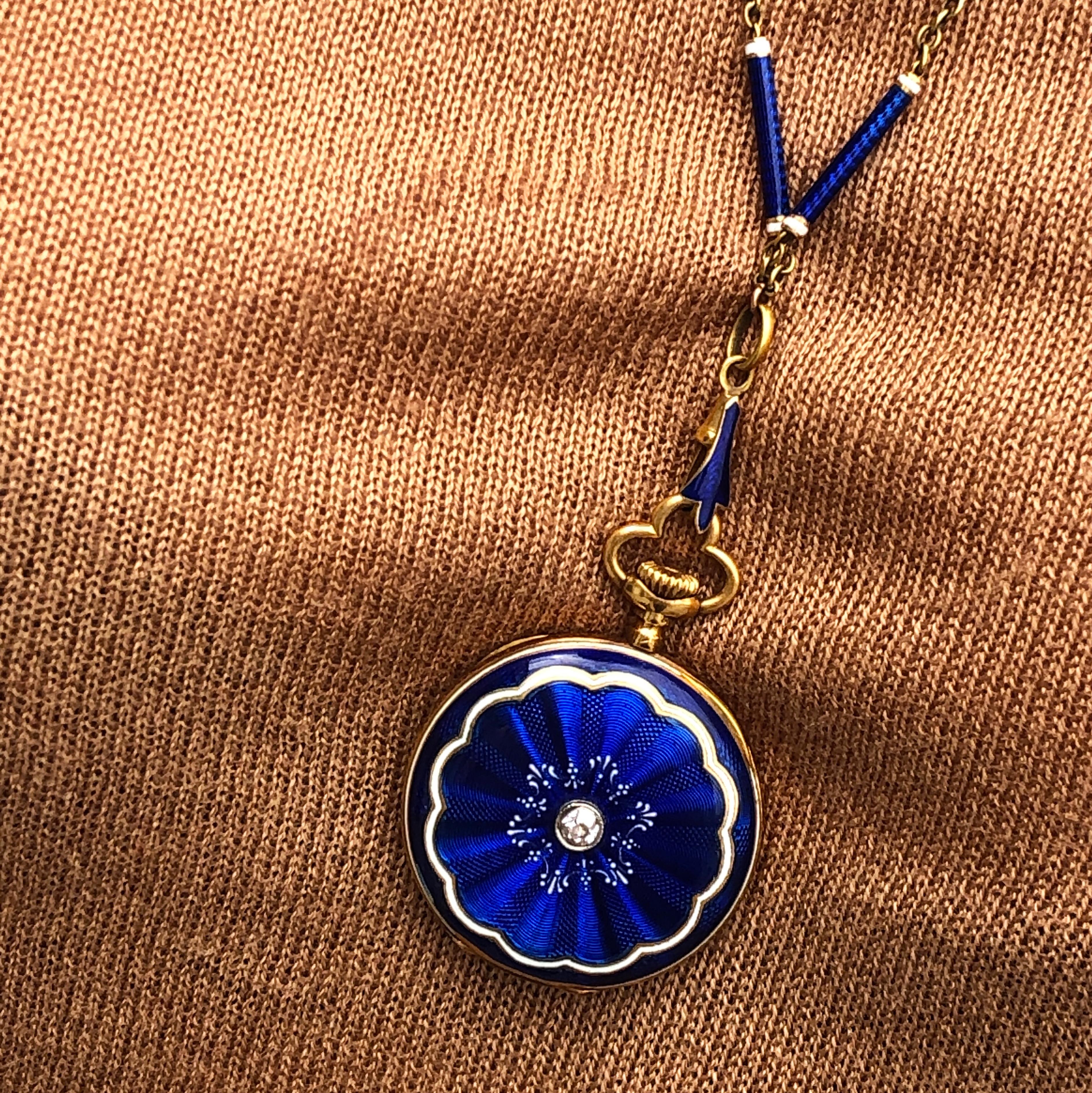 Late Victorian Wilson & Gill Vulcain Victorian Diamond Blue White Hand Enameled Watch Necklace For Sale
