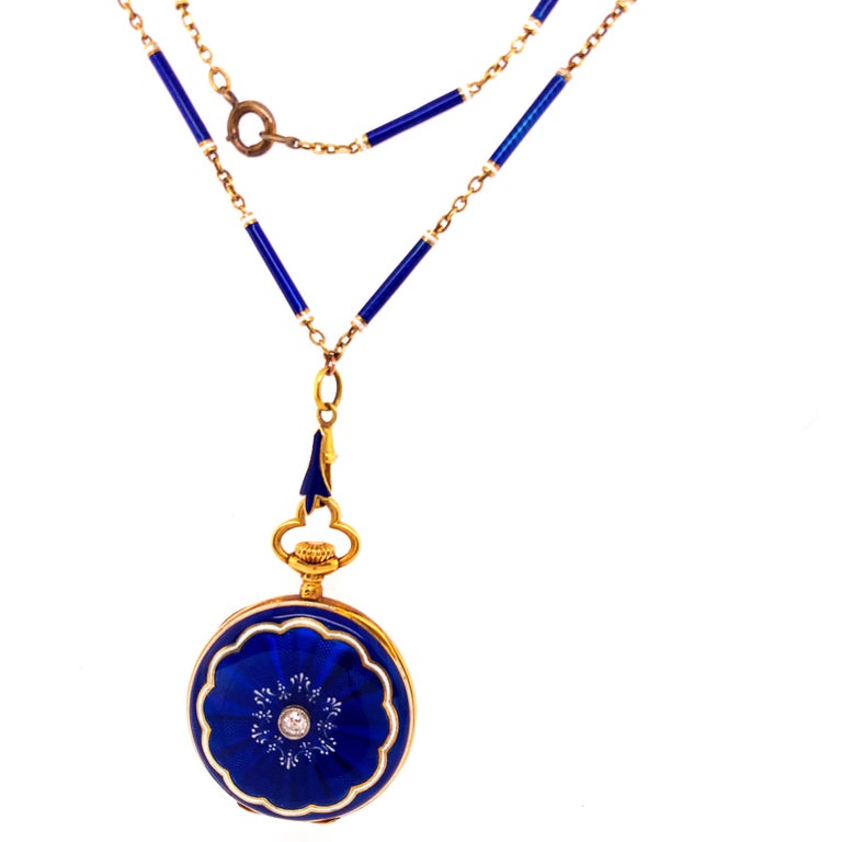Wilson & Gill Vulcain Victorian Diamond Blue White Hand Enameled Watch Necklace For Sale 1