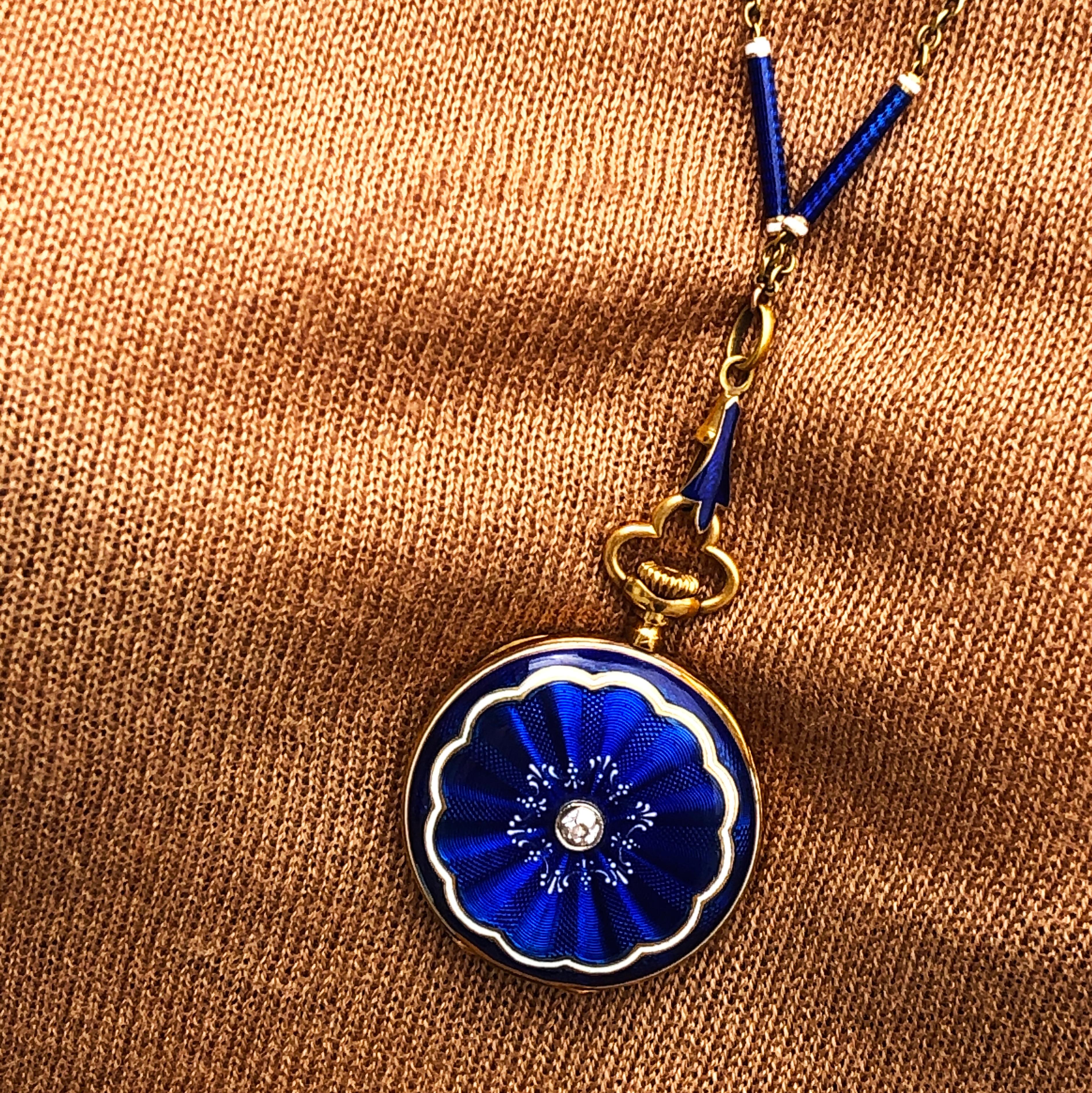 Wilson & Gill Vulcain Victorian Diamond Blue White Hand Enameled Watch Necklace In Excellent Condition For Sale In Valenza, IT