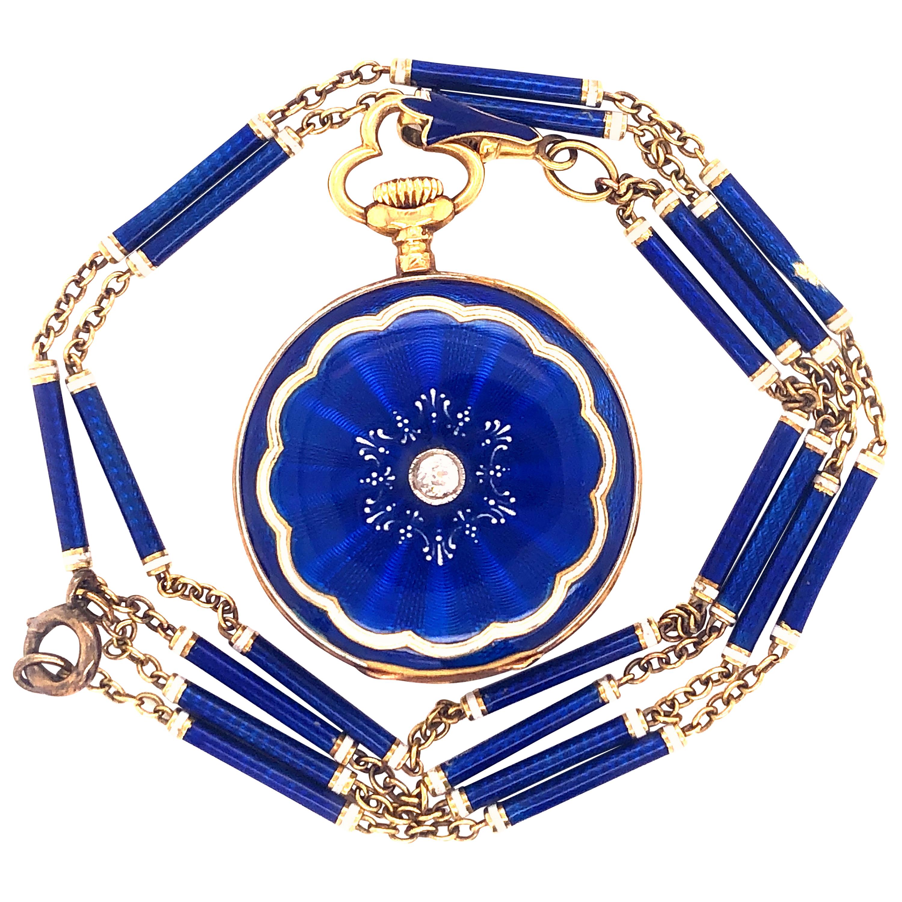 Wilson & Gill Vulcain Victorian Diamond Blue White Hand Enameled Watch Necklace