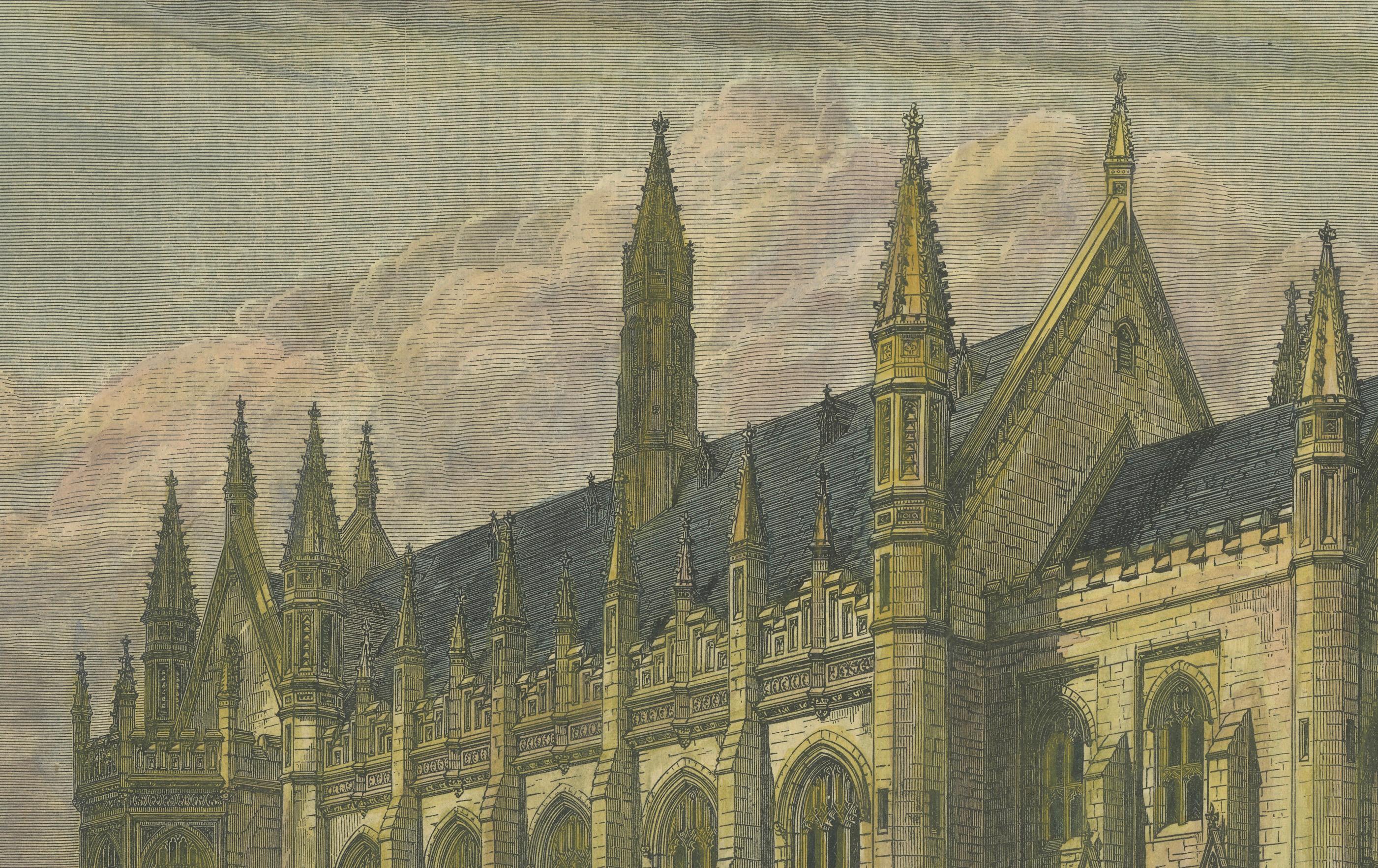 Wilson Hall, Melbourne University – Gothic Revival Landmark, 1879  

This hand-colored wood engraving, published in The Illustrated London News on May 31, 1879, showcases the original Wilson Hall at the University of Melbourne, a stunning example of