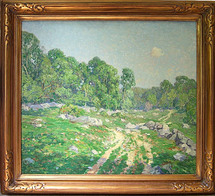 A Hazy Summer's Day. c. 1920. Oil on panel. 24 x 27 1/8 (framed 31 x 33 1/8). Signed, lower left. Housed in a contemporary Thanhardt Burger Impressionist style gold frame.

In 1914, when he was 45, that Irvine moved his family from Chicago to Old