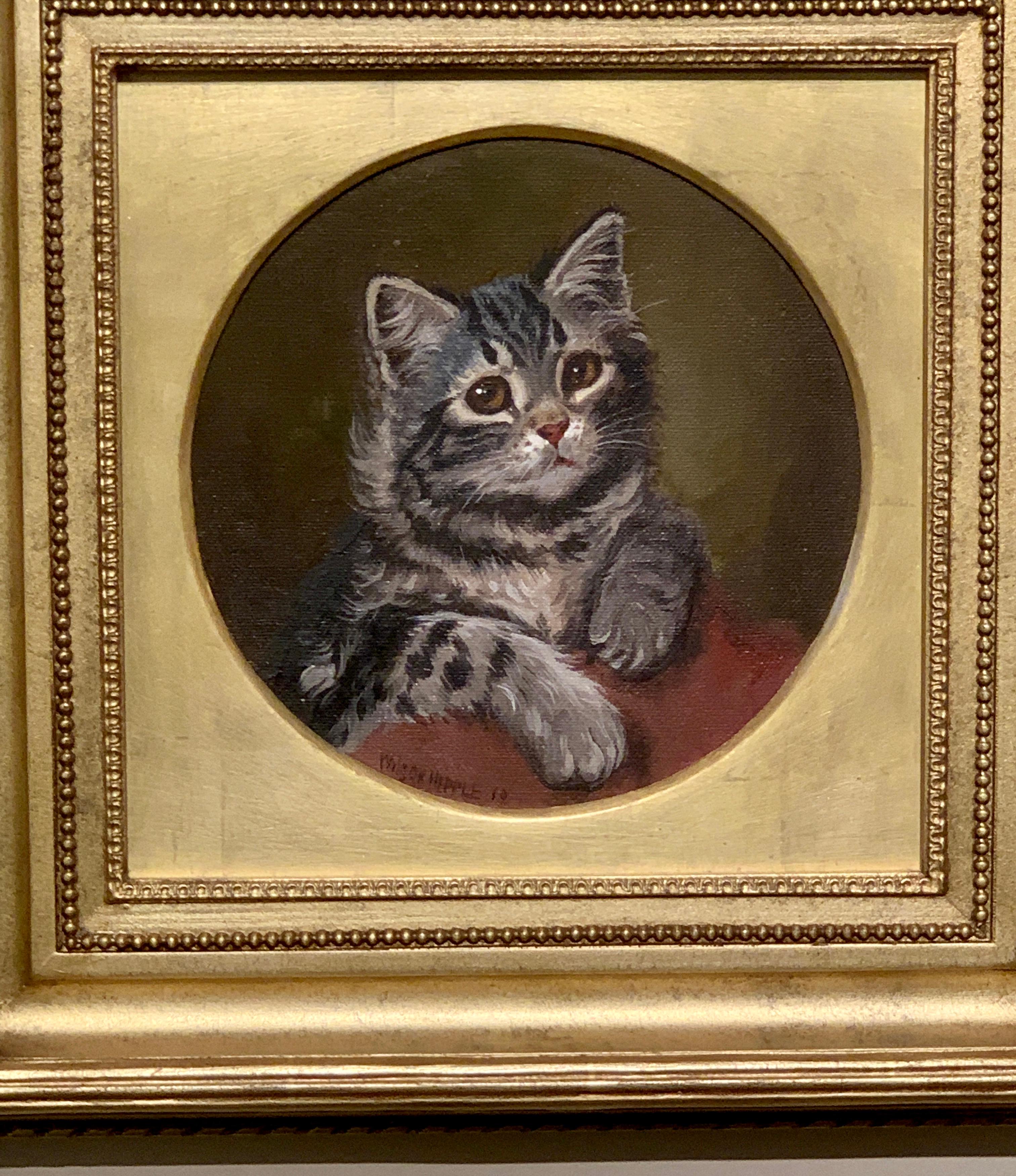 English early 20th century oil painting portrait of a Tabby Cat or Kitten - Painting by Wilson Hepple