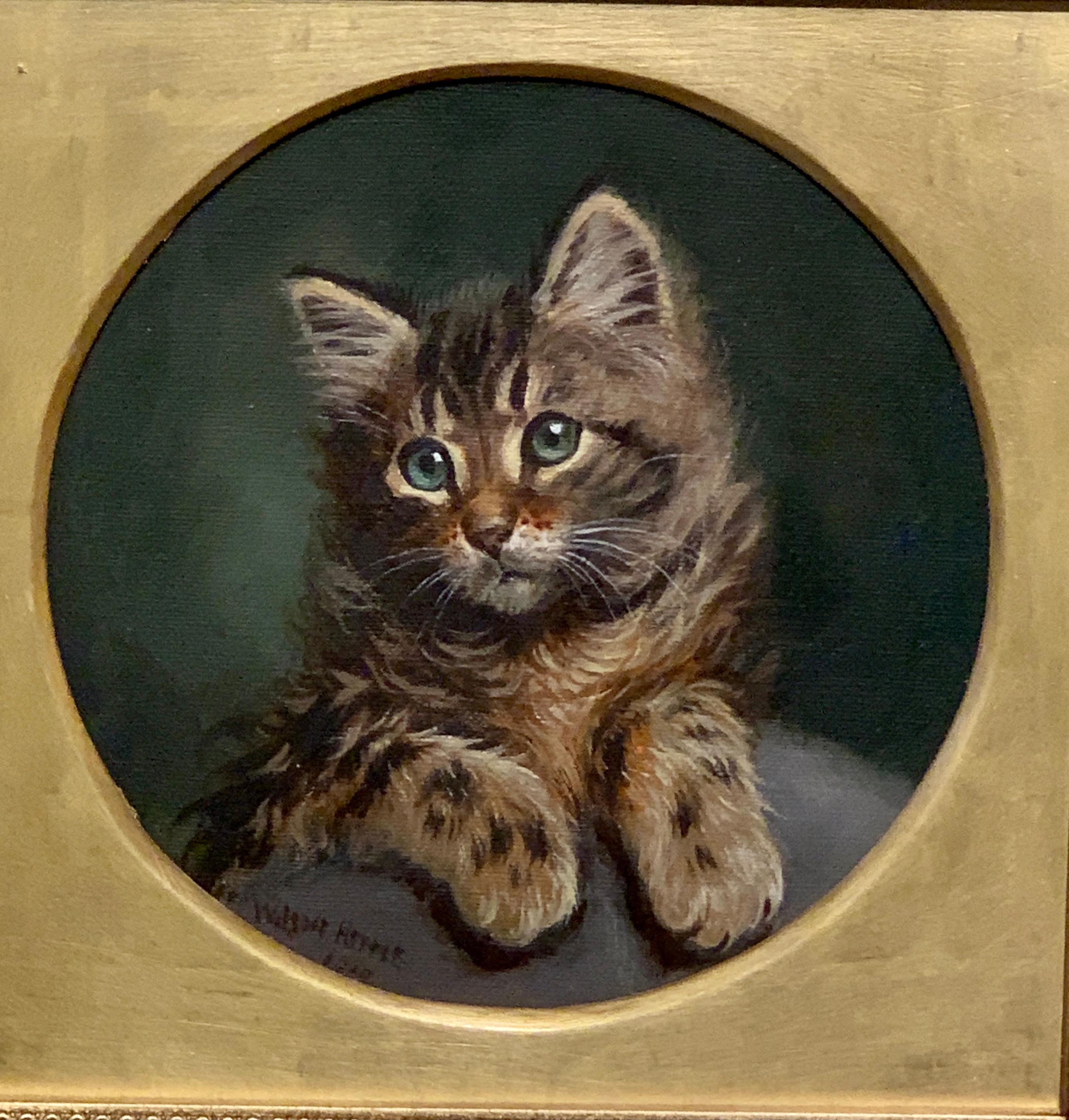 English early 20th century oil painting portrait of a Tabby Cat or Kitten - Painting by Wilson Hepple