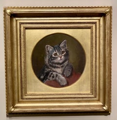 English early 20th century oil painting portrait of a Tabby Cat or Kitten
