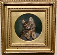 Antique English early 20th century oil painting portrait of a Tabby Cat or Kitten