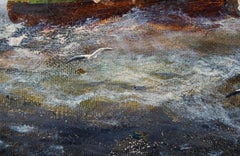 paisaje con montañas y un lago con una capilla a lo lejos. principios del siglo XX