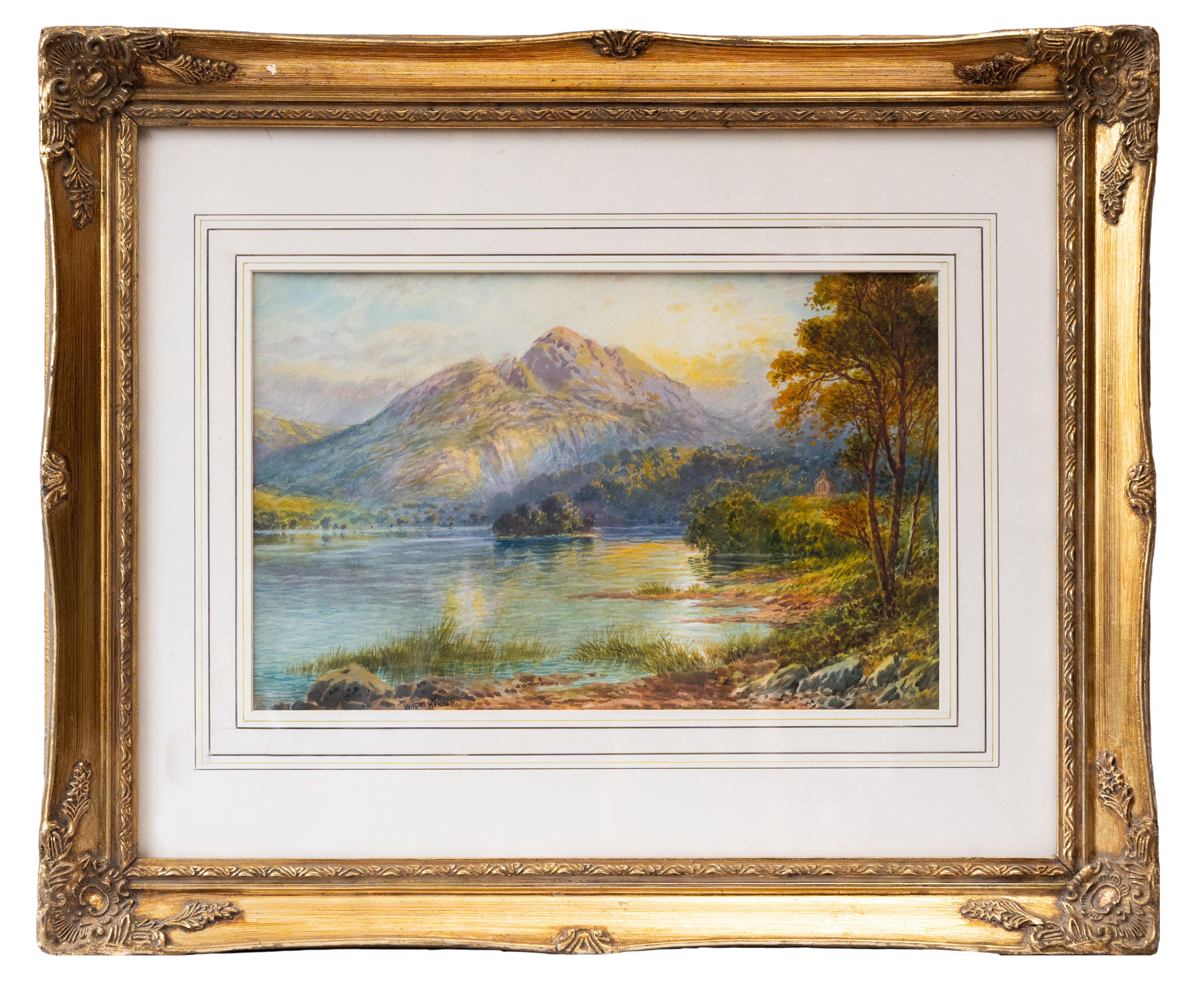 Wilson Hepple Landscape Painting - landscape with mountains and a lake with a chapel in the distance. early 20th