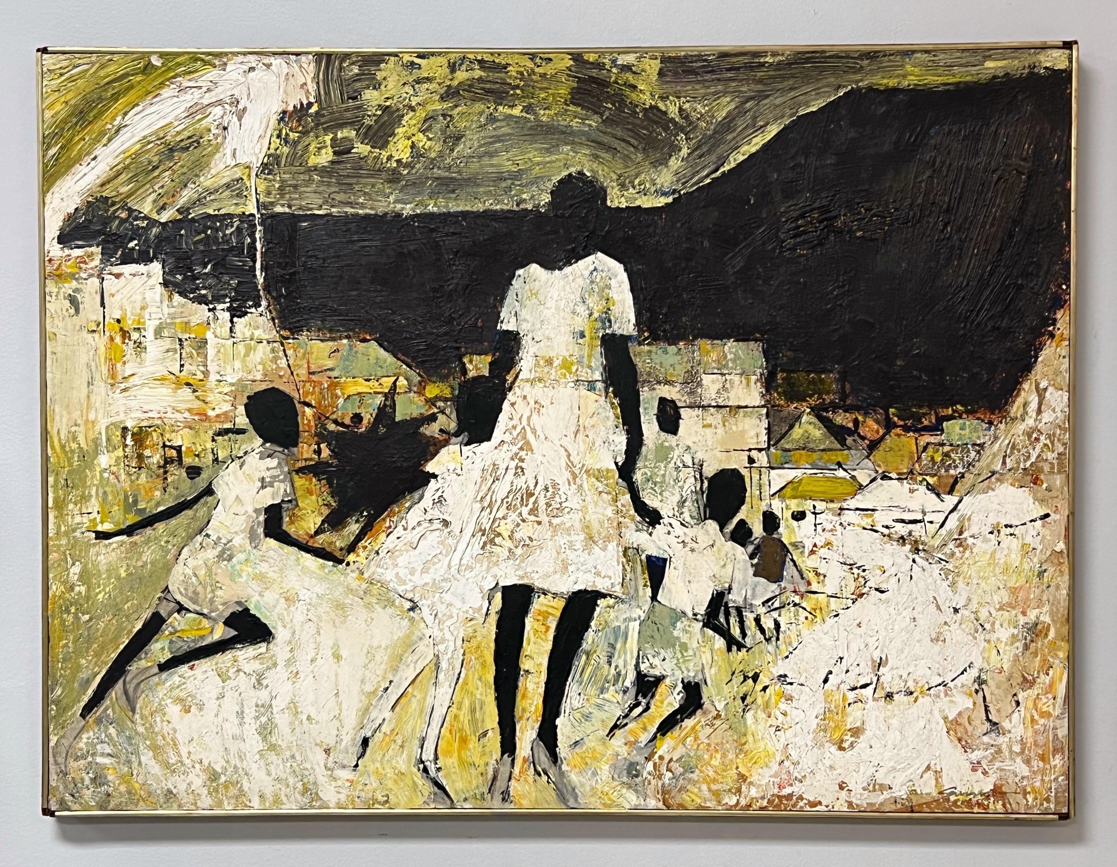 Óleo sobre tabla de Wilson L. Scruggs. Un cuadro de gran formato realizado en un estilo moderno con sutiles collages y pasajes de empaste sensibles pero atrevidos. El Sr. Scruggs trabajó en Miami y en las Bahamas; esta obra en concreto, junto con