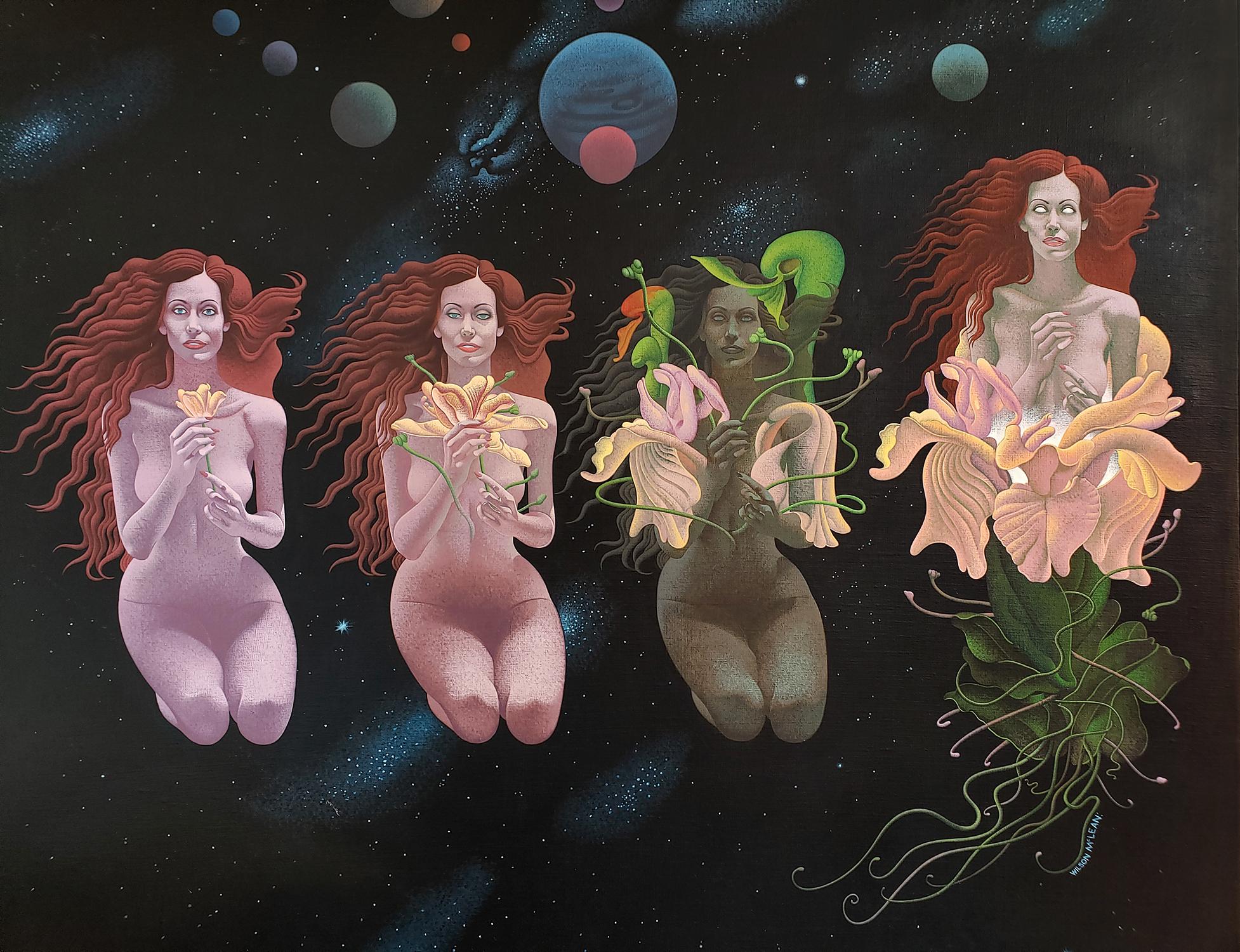 Celestial Metamorphosis – Nackte Sci-Fi-Frau wird zu einer Blume im äußeren Raum – Painting von Wilson McLean