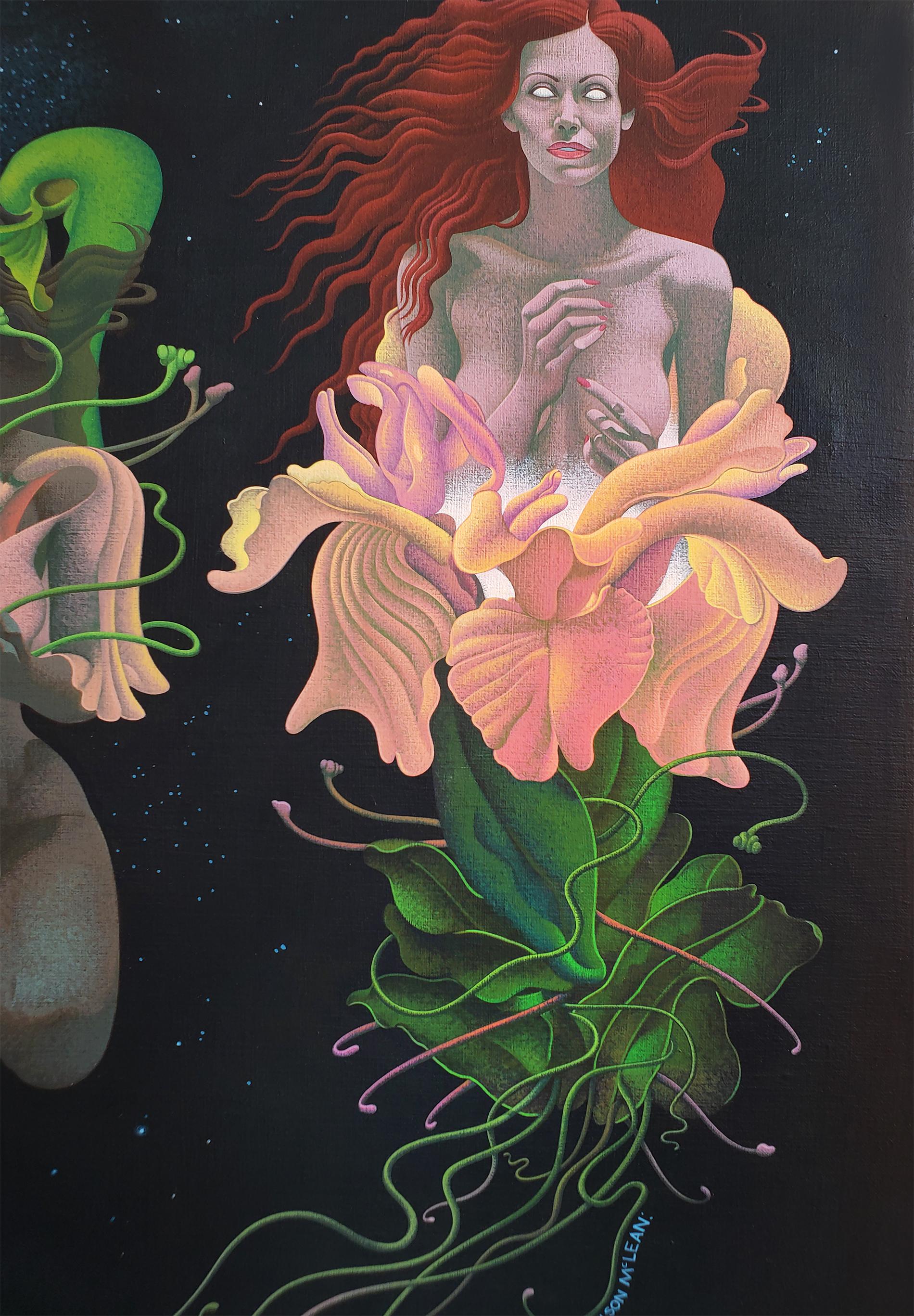 Celestial Metamorphosis – Nackte Sci-Fi-Frau wird zu einer Blume im äußeren Raum (Schwarz), Nude Painting, von Wilson McLean