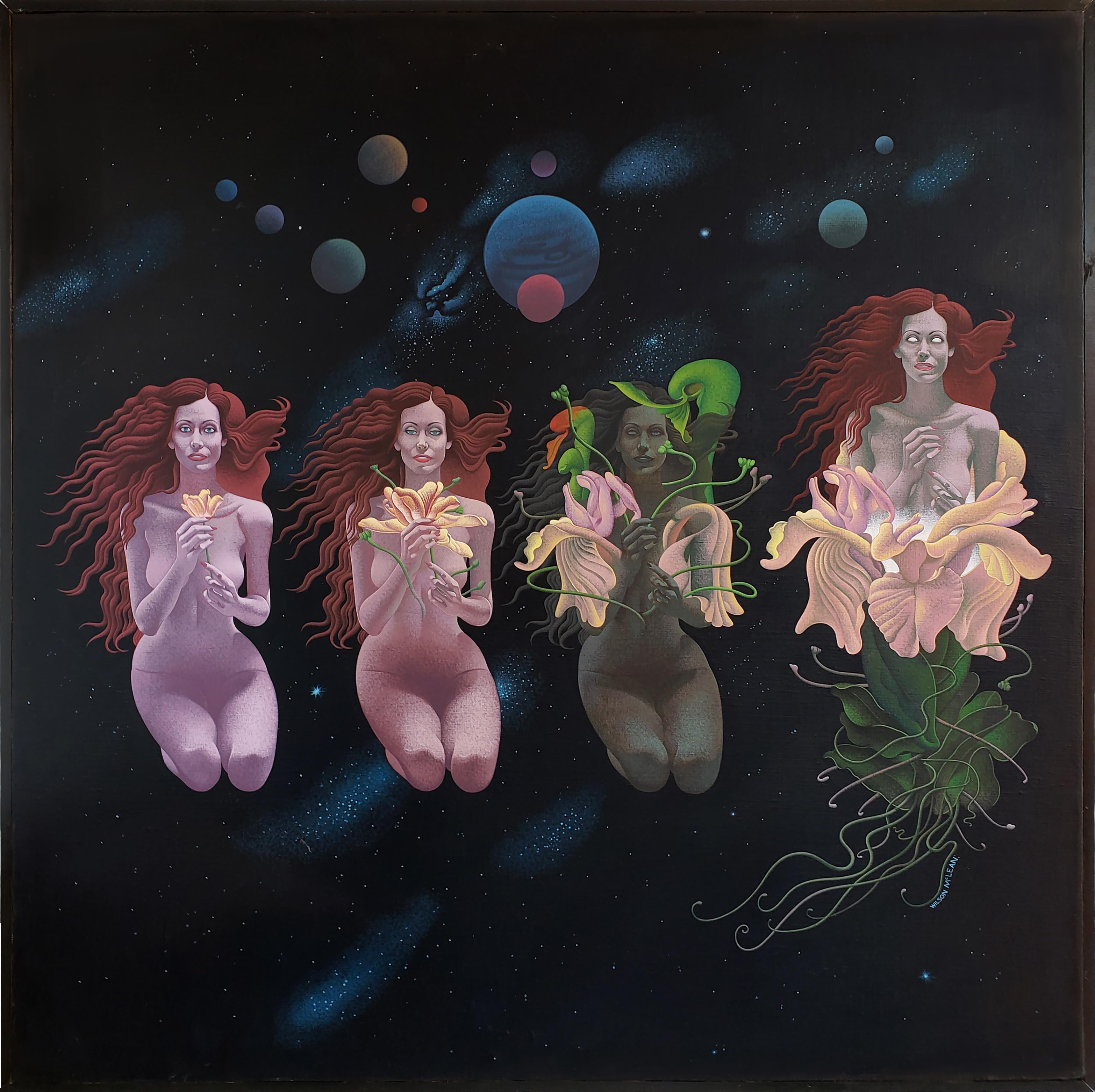 Wilson McLean Nude Painting – Celestial Metamorphosis – Nackte Sci-Fi-Frau wird zu einer Blume im äußeren Raum