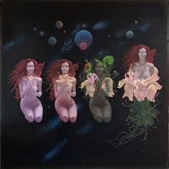Vintage Celestial Metamorphosis -Nude Sci-Fi Woman becomes a flower in outer space